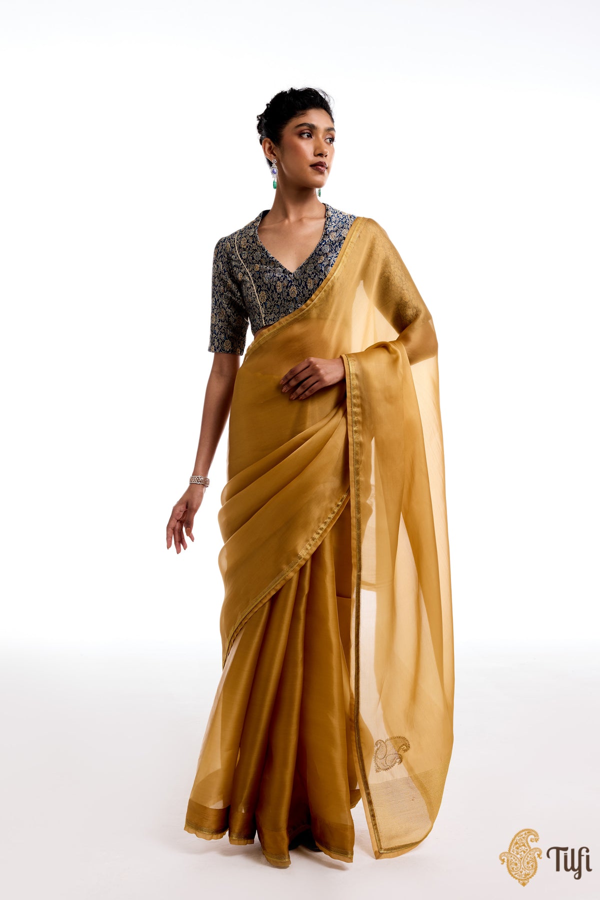 &#39;Triveni&#39; Yellow Gold Satin Silk Organza Hand Embroidered Saree