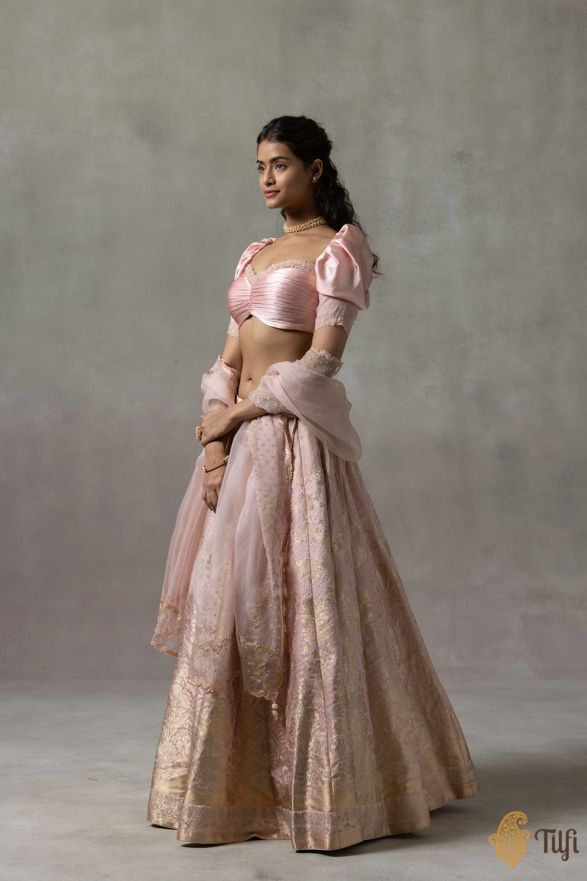 Pre-Order: &#39;Juliette&#39; Light Pink Pure Satin Silk Banarasi Handloom Lehenga Set