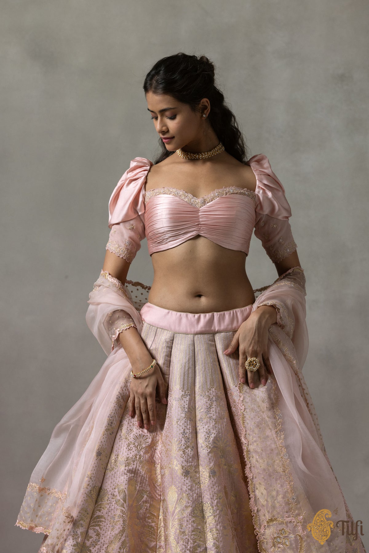 Pre-Order: &#39;Juliette&#39; Light Pink Pure Satin Silk Banarasi Handloom Lehenga Set