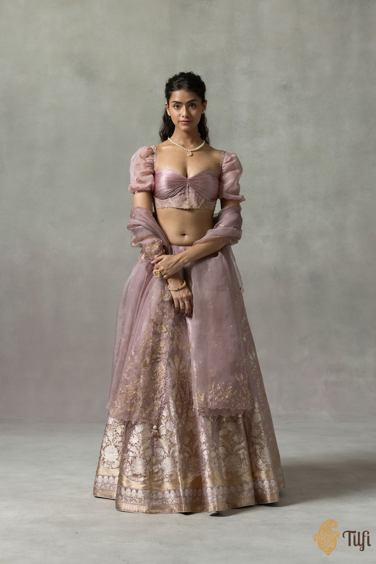 &#39;Juliette&#39; Old Rose Pink Pure Satin Silk Banarasi Handloom Lehenga Set