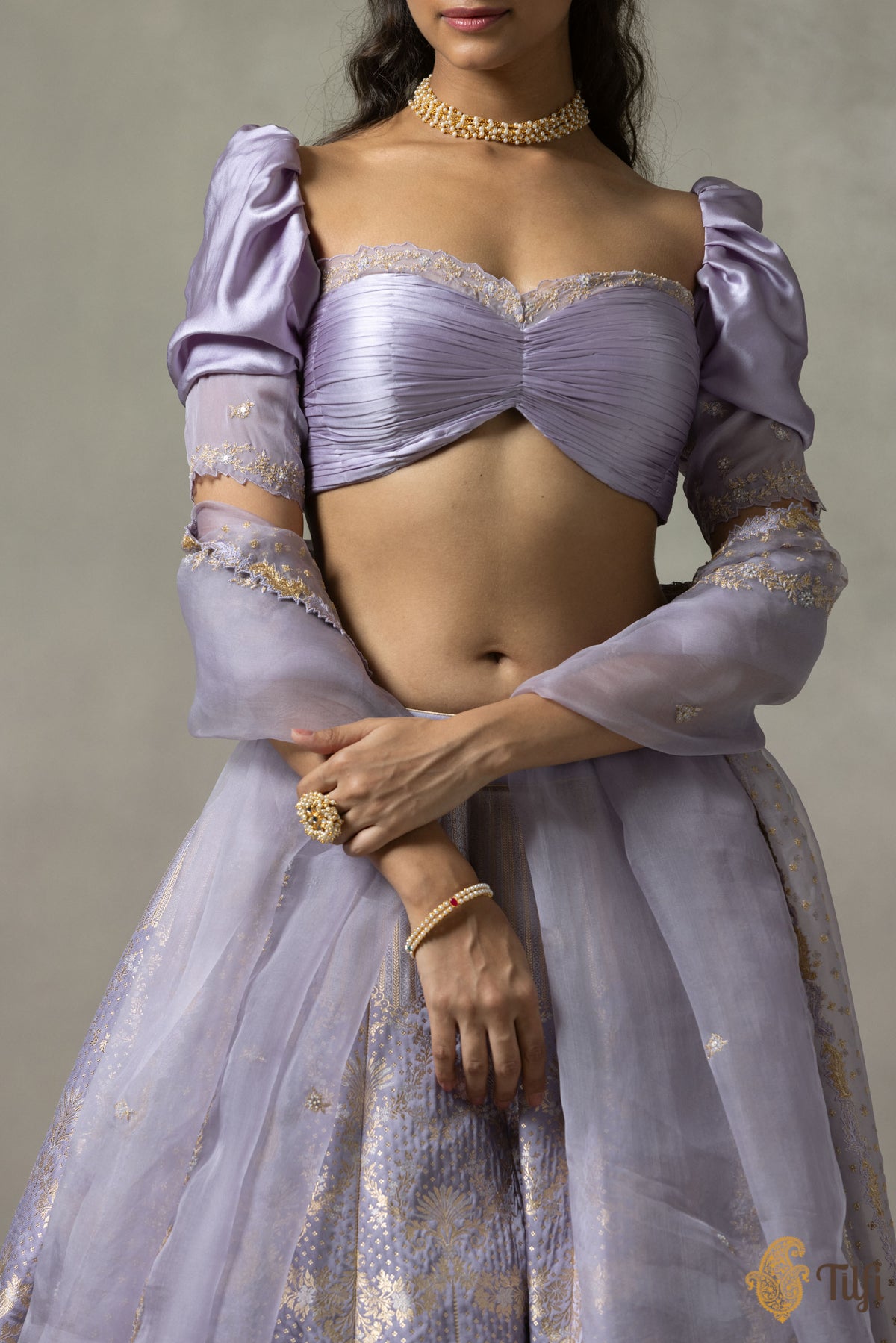 &#39;Juliette&#39; Lavender Pure Satin Silk Banarasi Handloom Lehenga Set