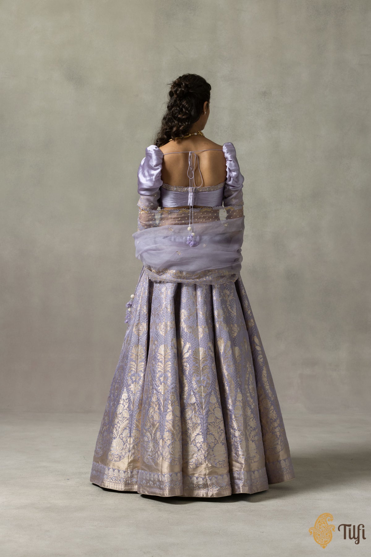 &#39;Juliette&#39; Lavender Pure Satin Silk Banarasi Handloom Lehenga Set