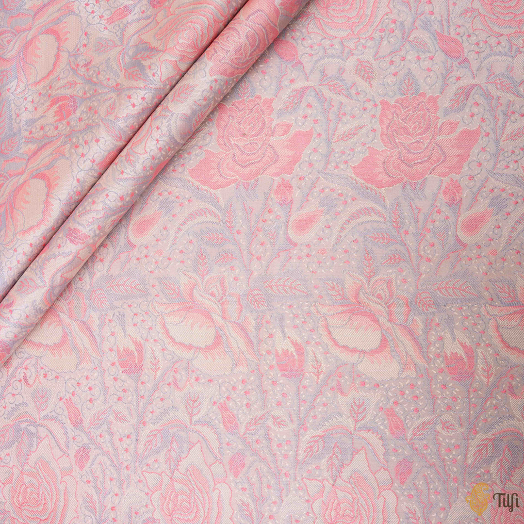 Off-white Pink Pure Soft Satin Silk Banarasi Handloom Fabric