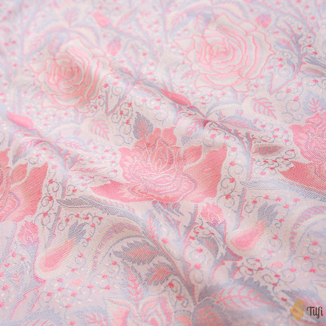 Off-white Pink Pure Soft Satin Silk Banarasi Handloom Fabric