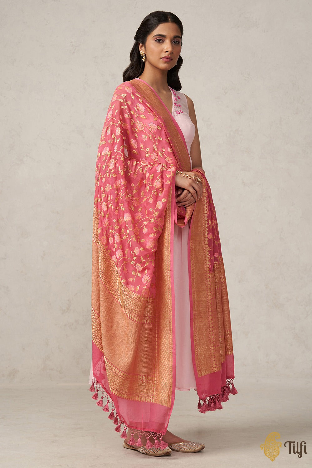 Pre-Order: Pink Pure Khaddi Georgette Banarasi Handloom Dupatta