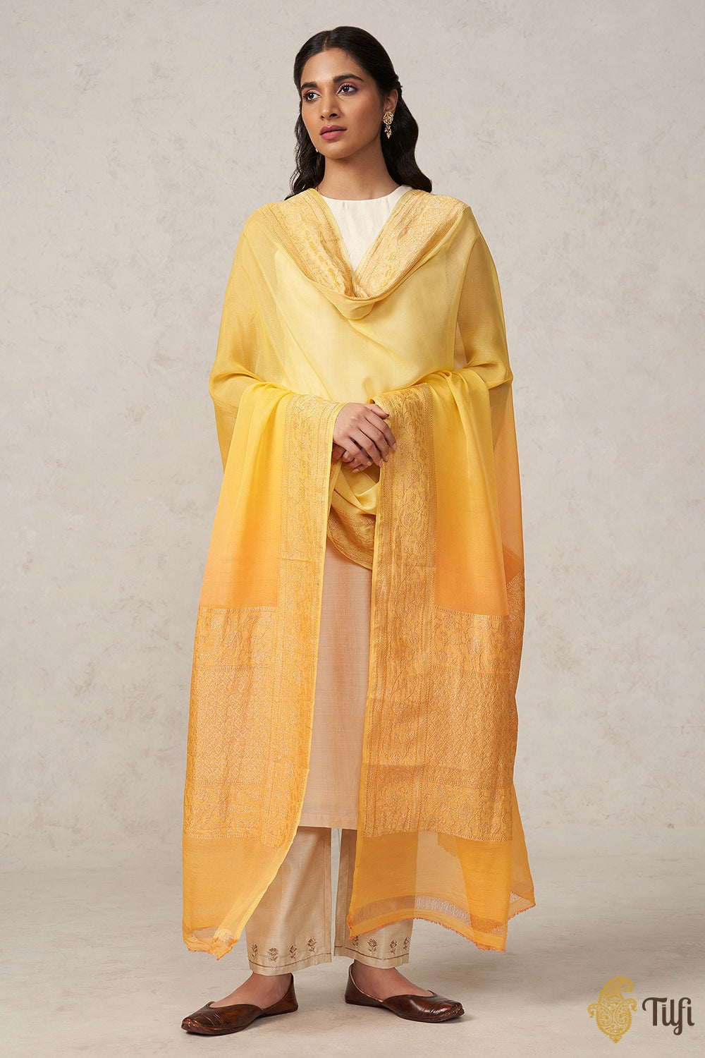 Pre-Order: Yellow Pure Khaddi Georgette Banarasi Handloom Dupatta