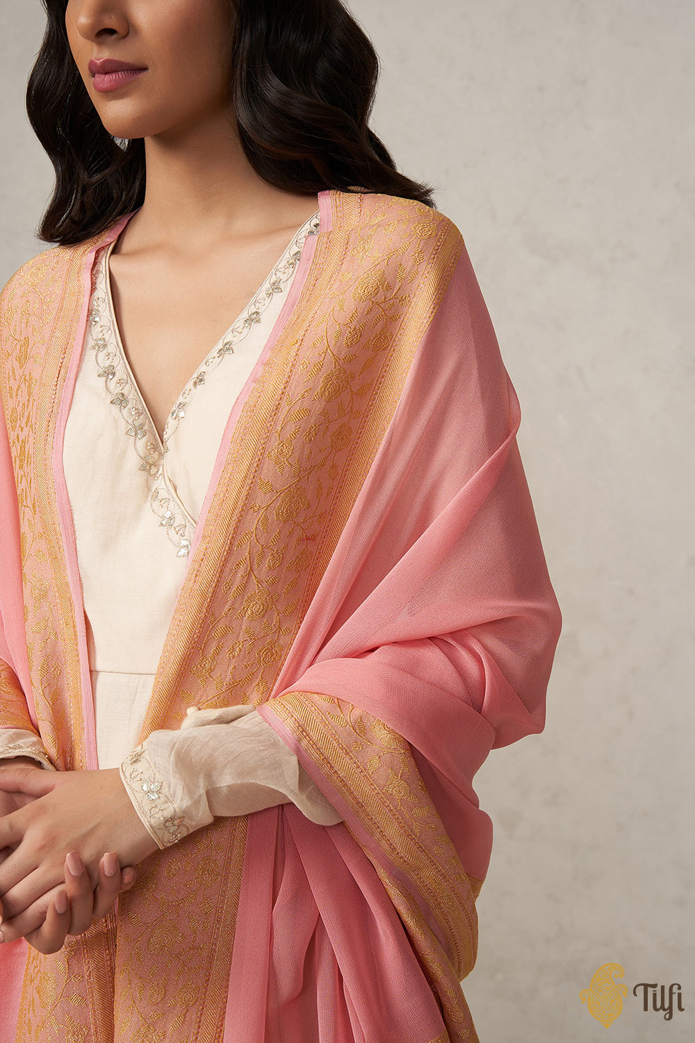 Pre-Order: Soft Pink Pure Khaddi Georgette Banarasi Handloom Dupatta