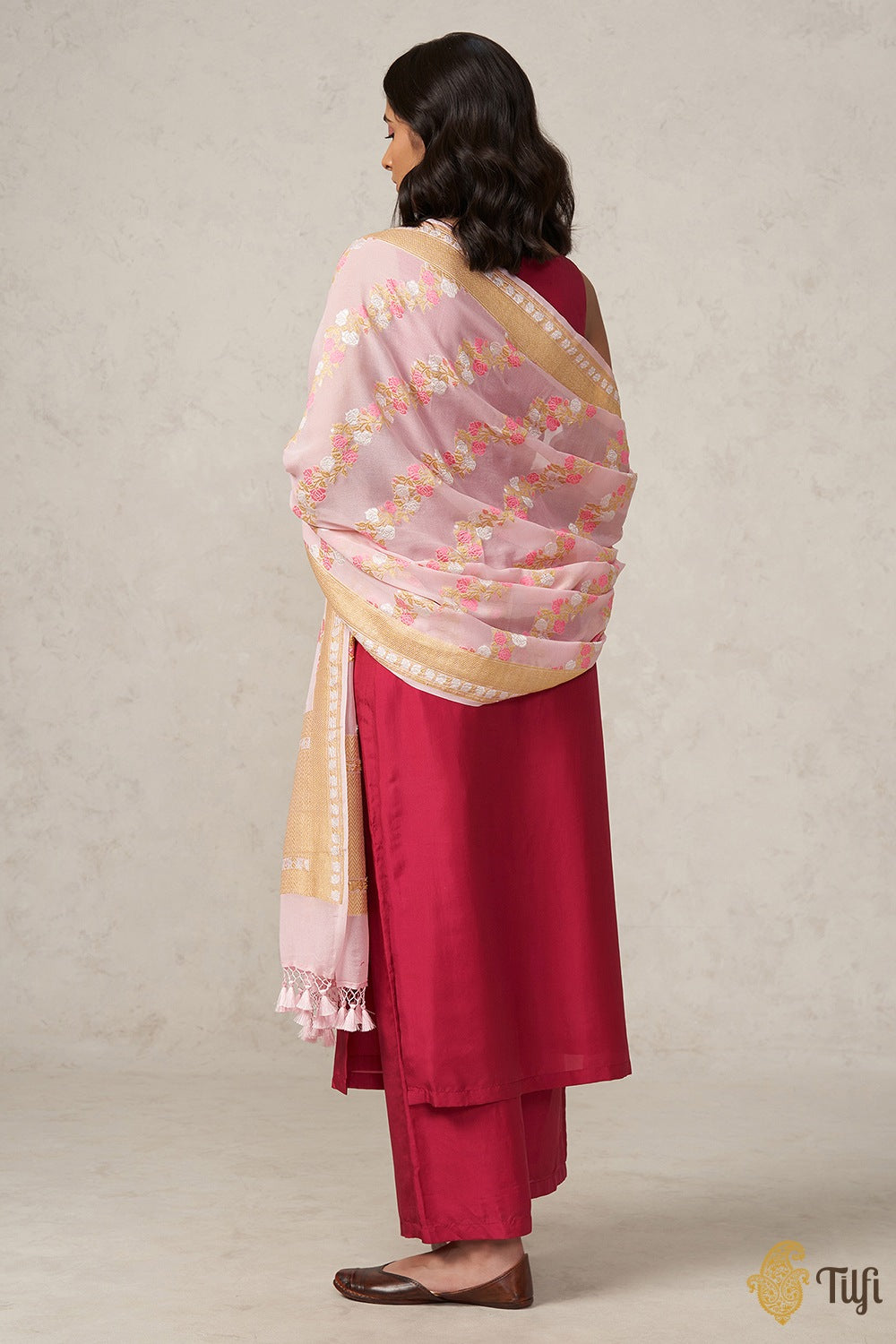 Pre-Order: Light Pink Pure Khaddi Georgette Banarasi Handloom Dupatta