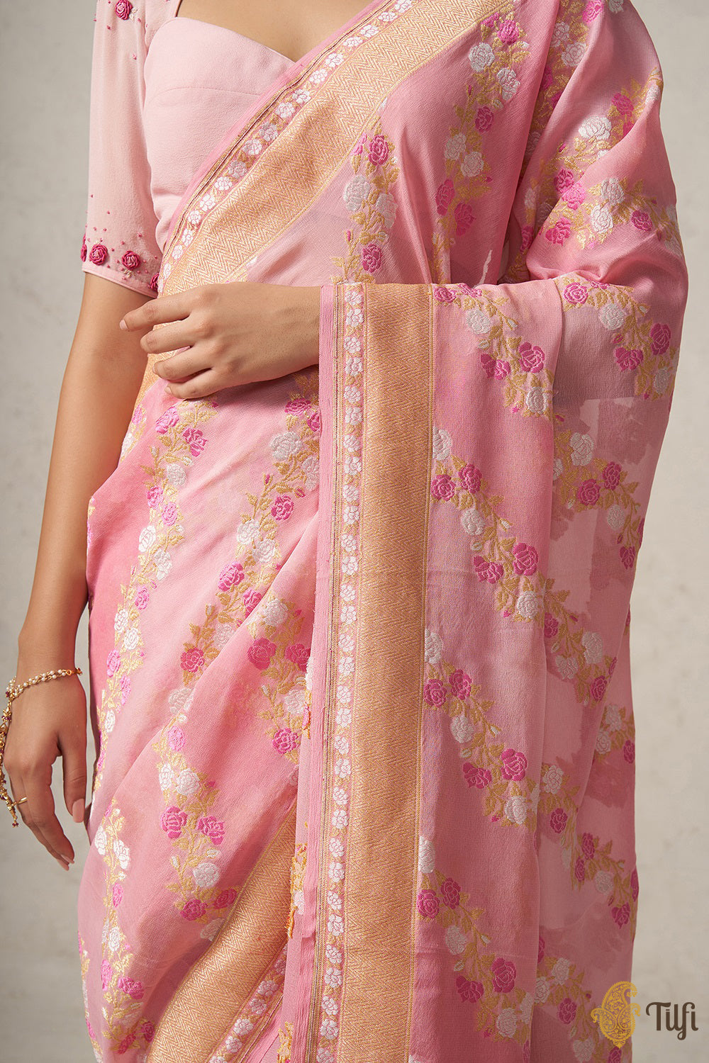 Soft Pink Pure Khaddi Georgette Banarasi Handloom Saree