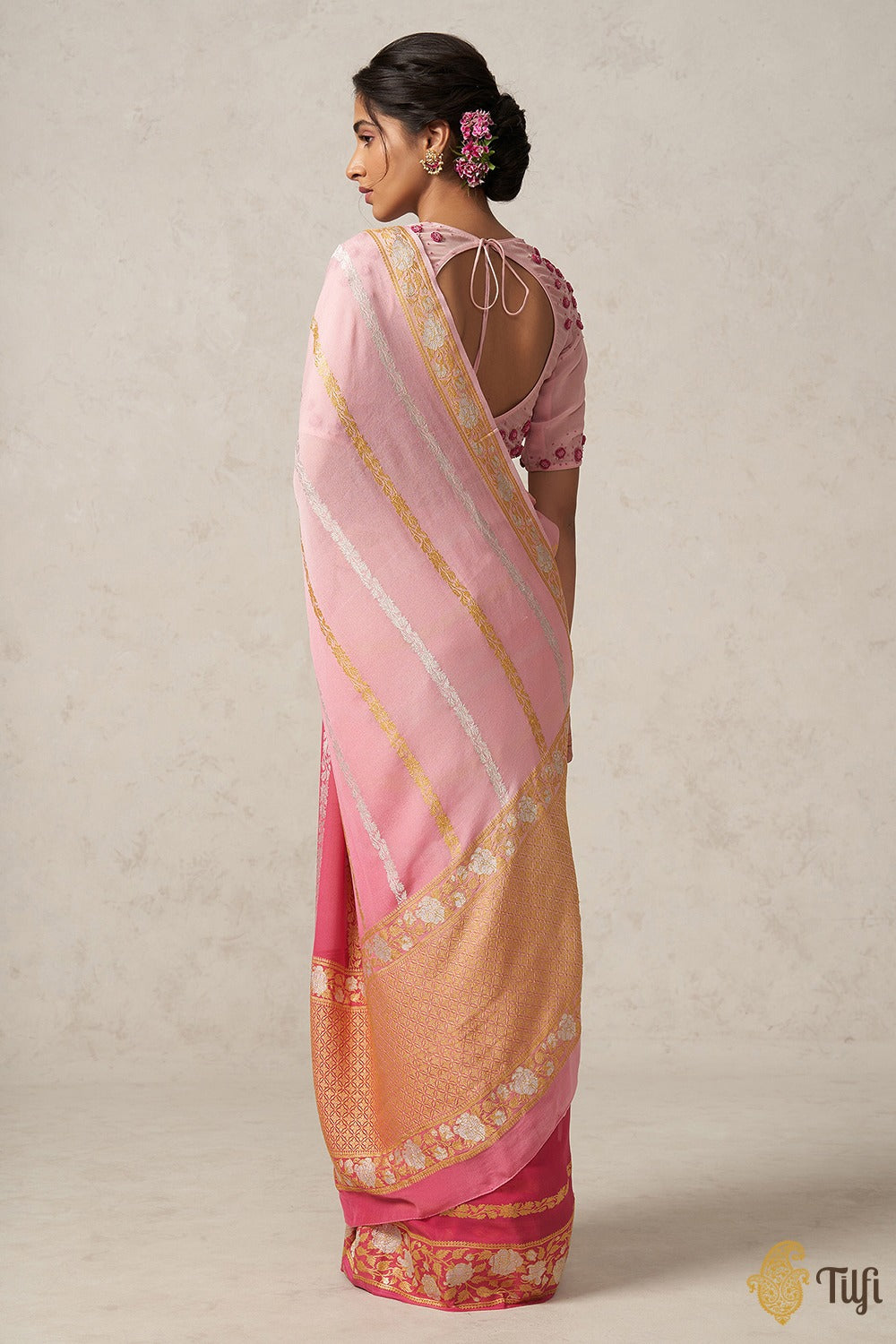 Pre-Order: Pink Pure Khaddi Georgette Banarasi Handloom Saree