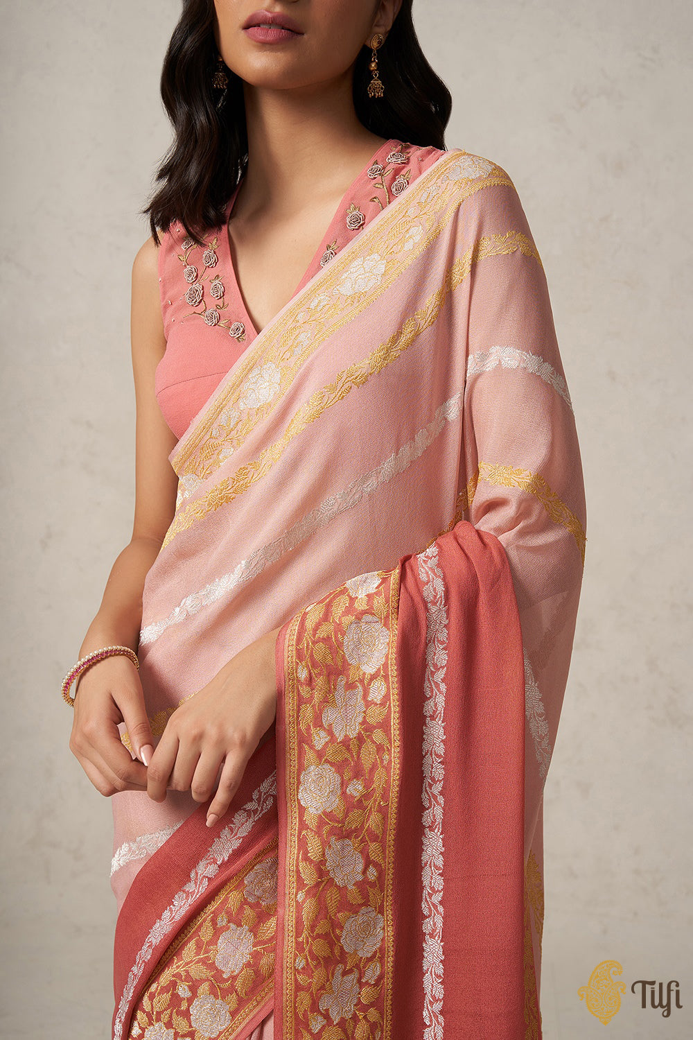 Pre-Order: Old Rose Pink Pure Khaddi Georgette Banarasi Handloom Saree