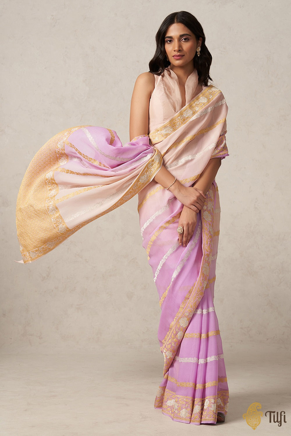 Pre-Order: Lavender-Pale Pink Pure Khaddi Georgette Banarasi Handloom Saree
