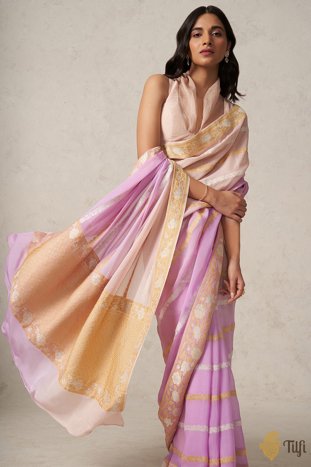Pre-Order: Lavender-Pale Pink Pure Khaddi Georgette Banarasi Handloom Saree