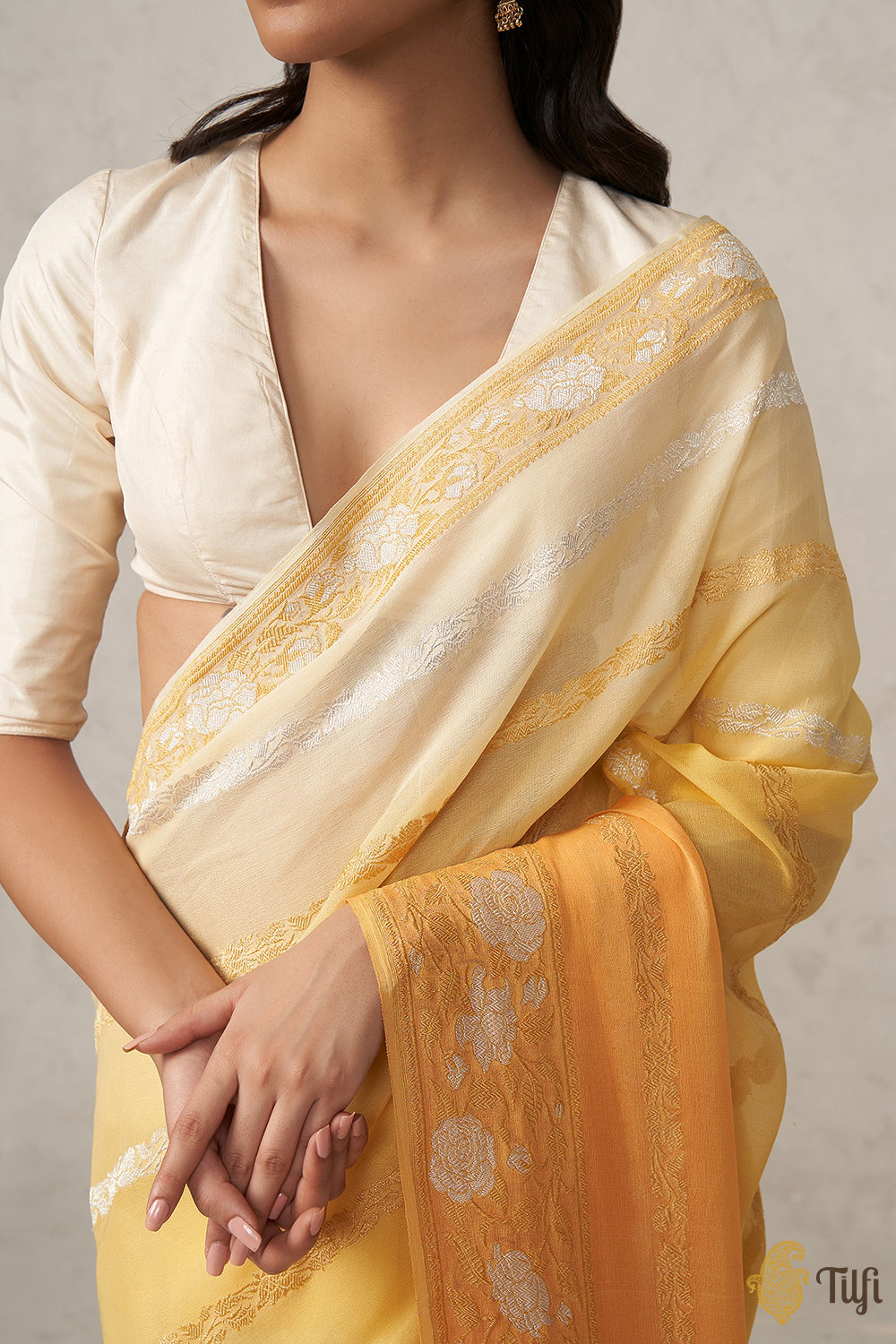 Pre-Order: Yellow Pure Khaddi Georgette Banarasi Handloom Saree