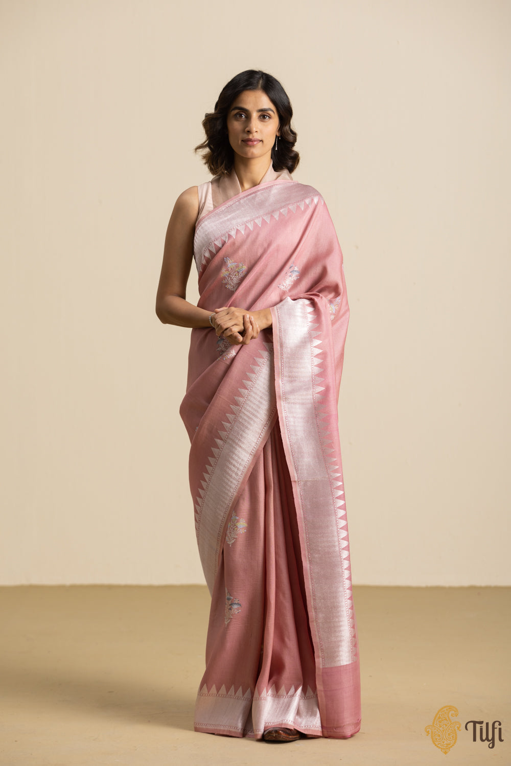 Pre-Order: Old Rose Pink Pure Tussar Georgette Silk Banarasi Handloom Saree