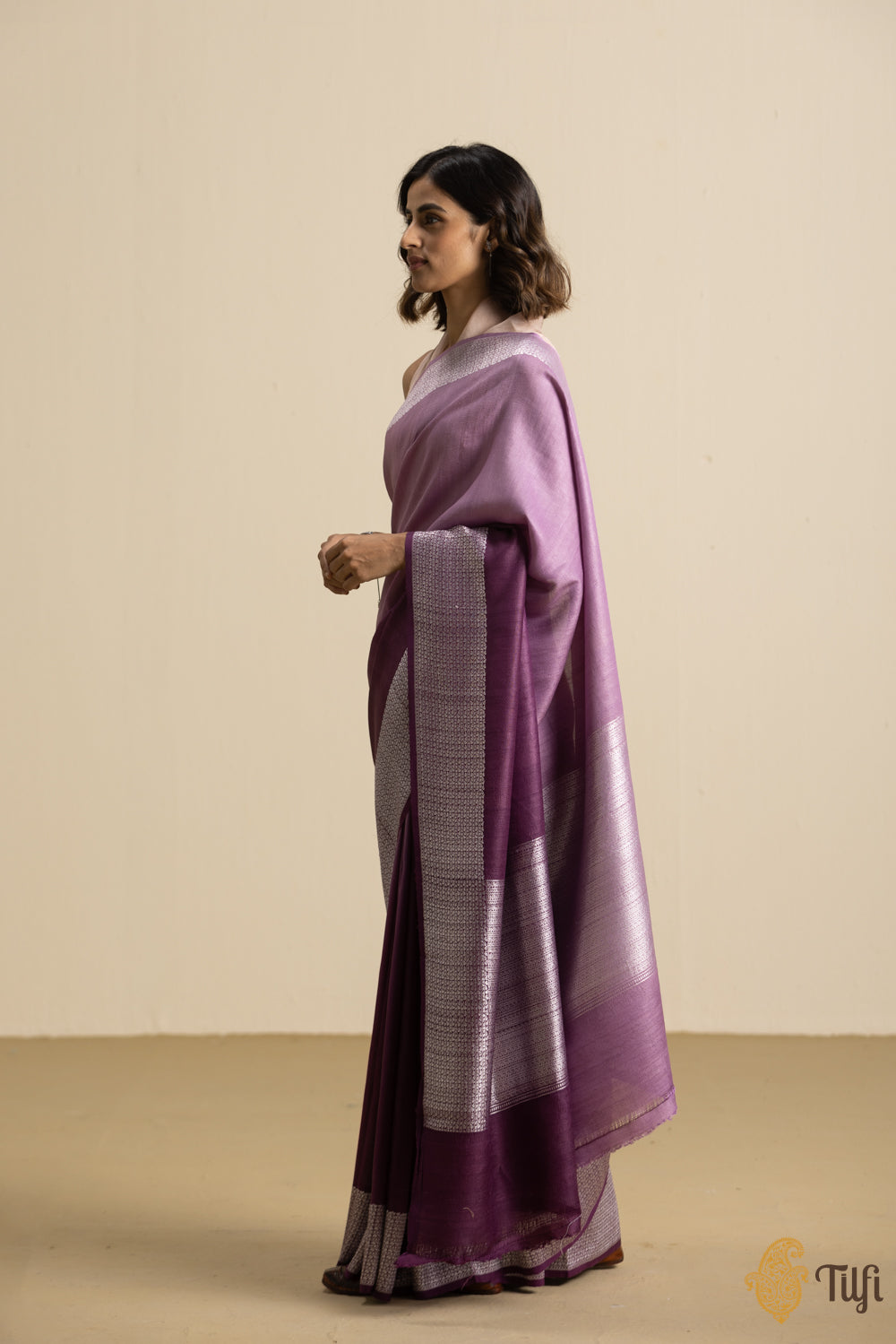 Pre-Order: Purple-Lilac Ombré Pure Tussar Georgette Silk Banarasi Handloom Saree