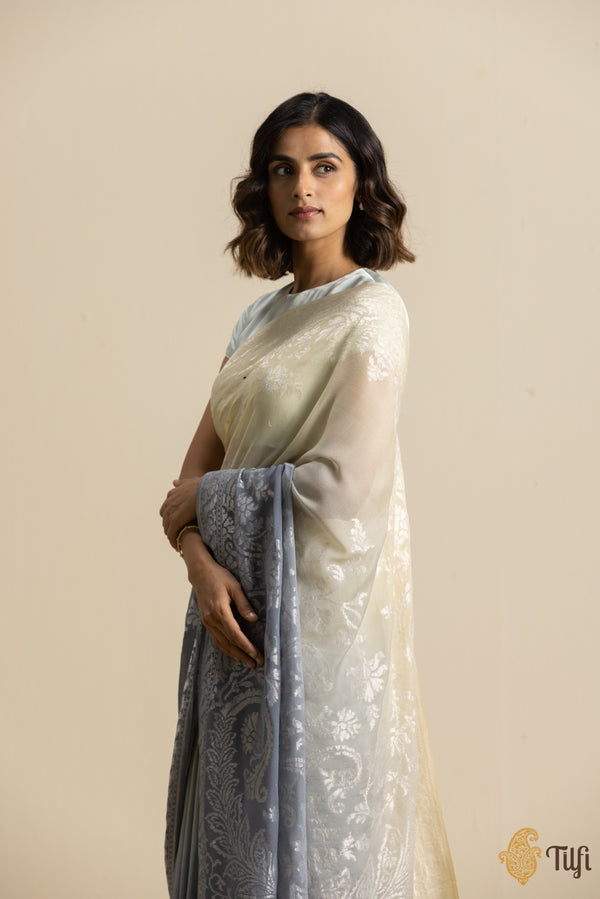 Ivory-Grey Pure Khaddi Georgette Banarasi Handloom Saree - Tilfi
