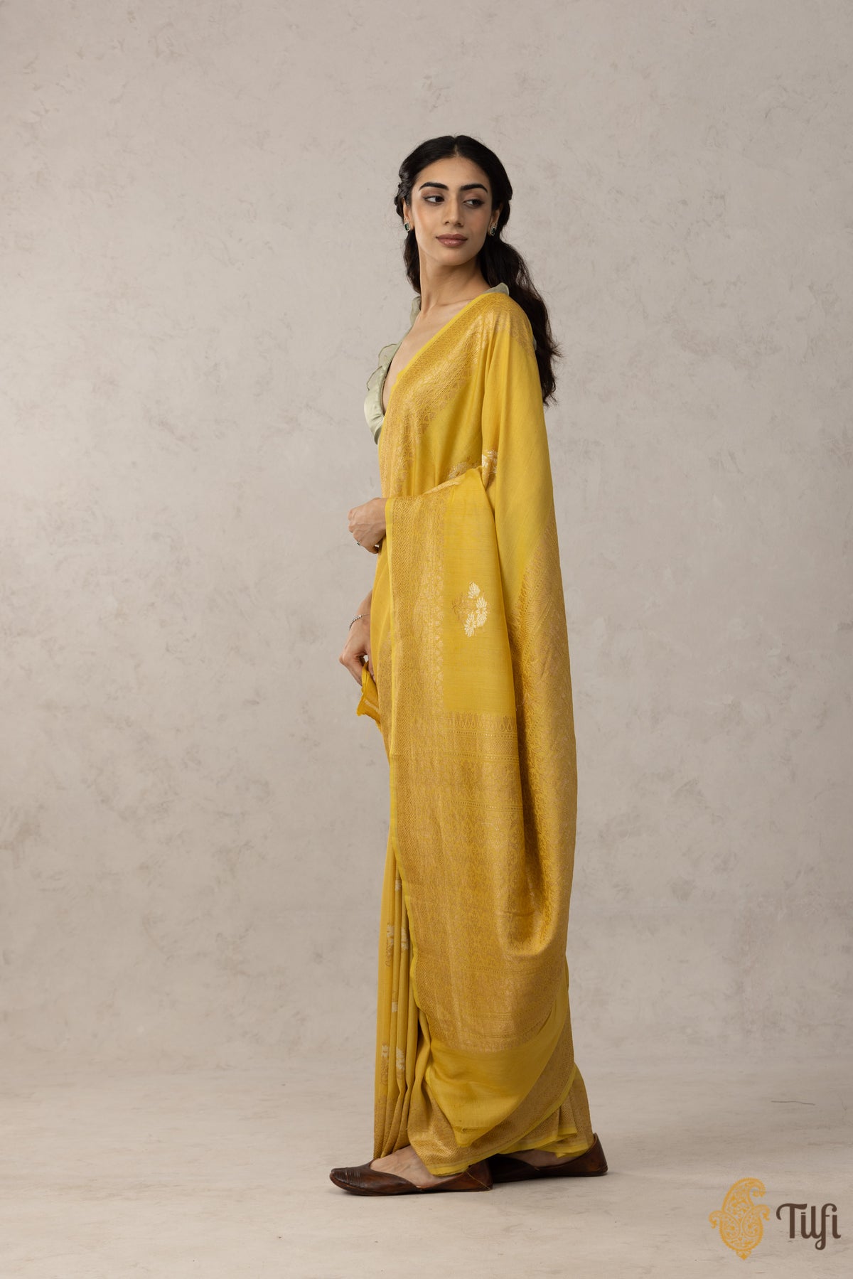 Dandelion Yellow Pure Tussar Georgette Silk Banarasi Handloom Saree