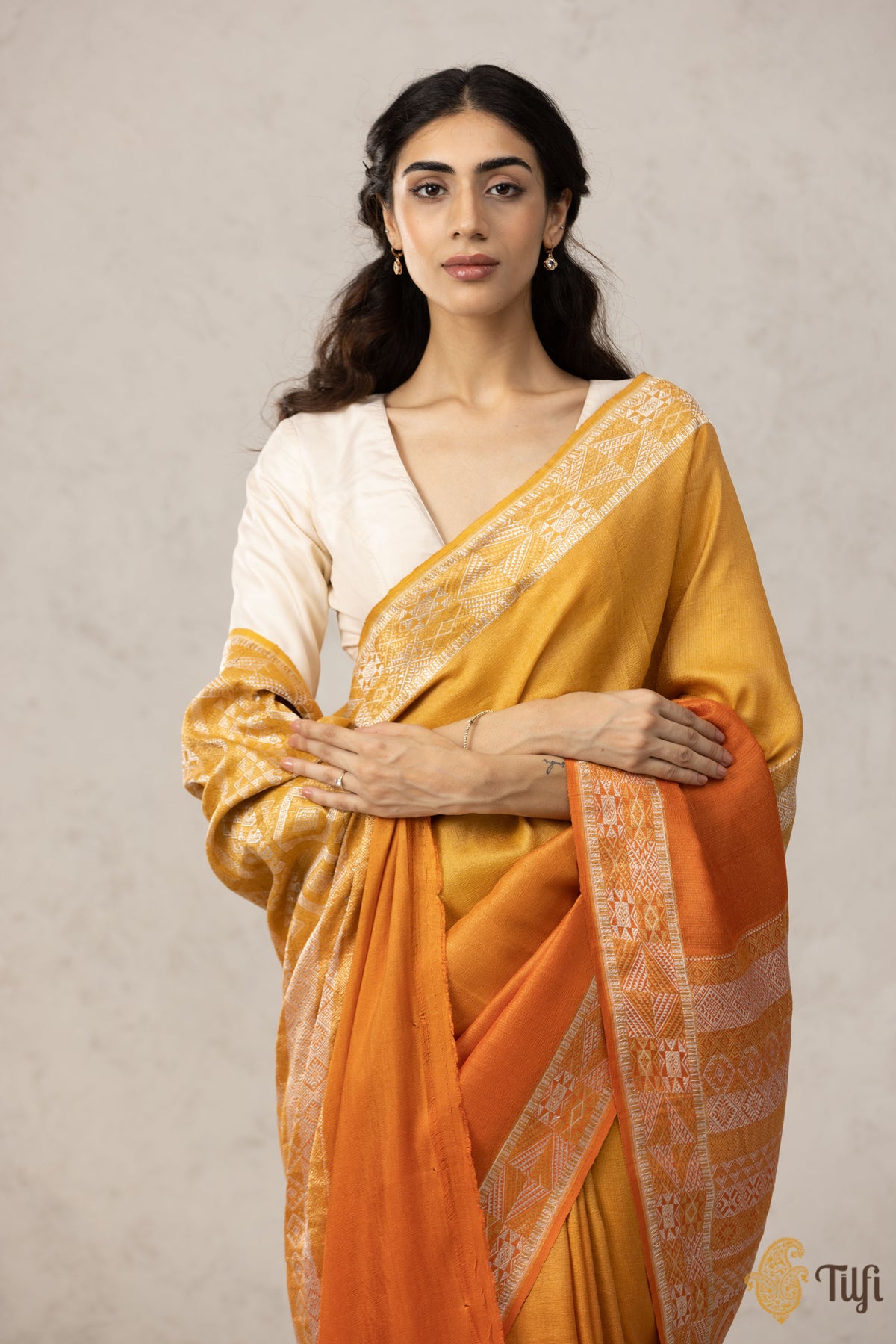Pre-Order: Yellow-Orange Ombré Pure Tussar Georgette Silk Banarasi Handloom Saree