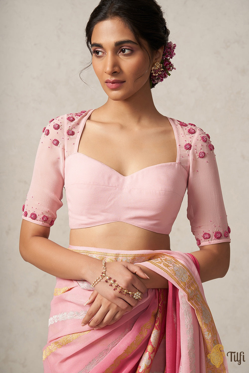 Light Pink Pure Georgette Hand-embroidered Blouse - Tilfi