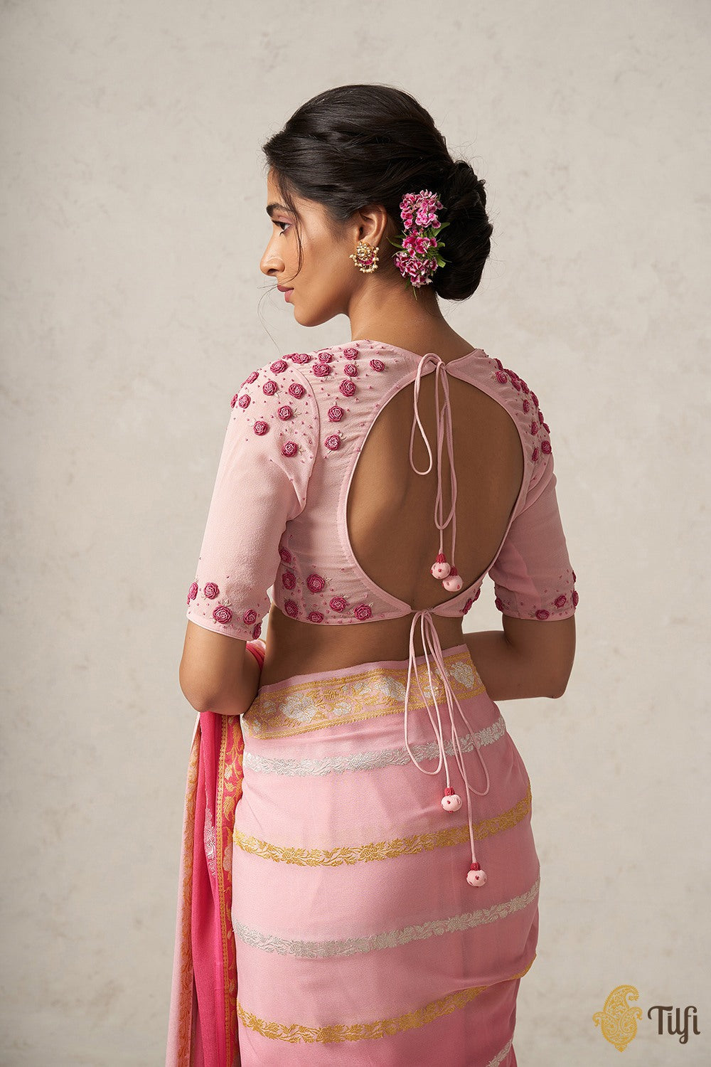 Chalk Pink hand embroidered phool guchha saree with bralet blouse Design by  DeepThee at Modvey