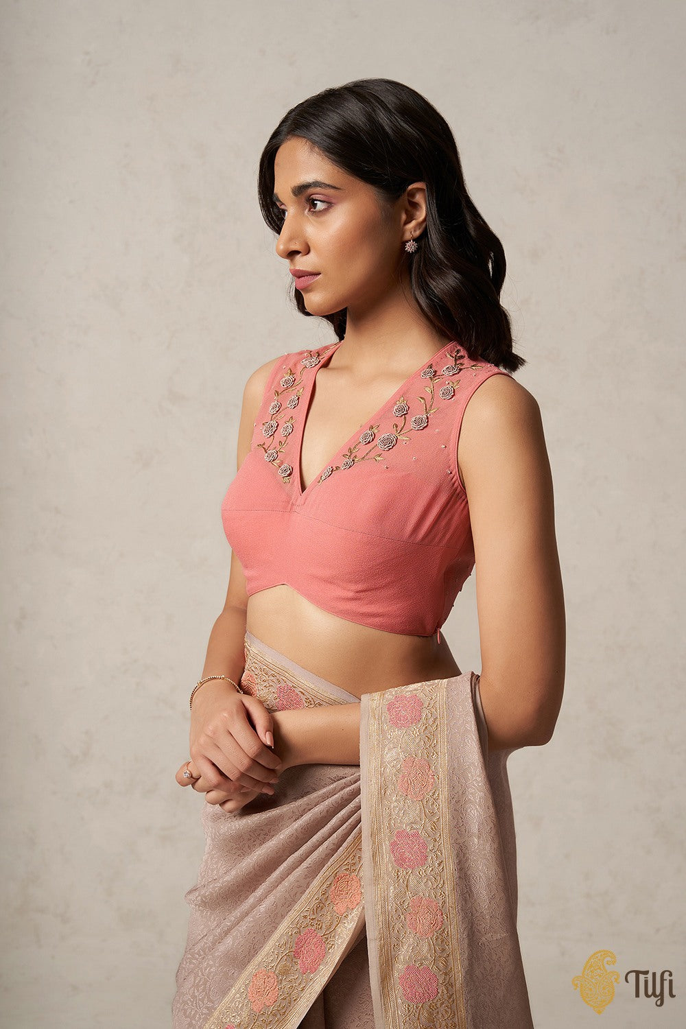 Peach Pure Georgette Hand-embroidered Blouse