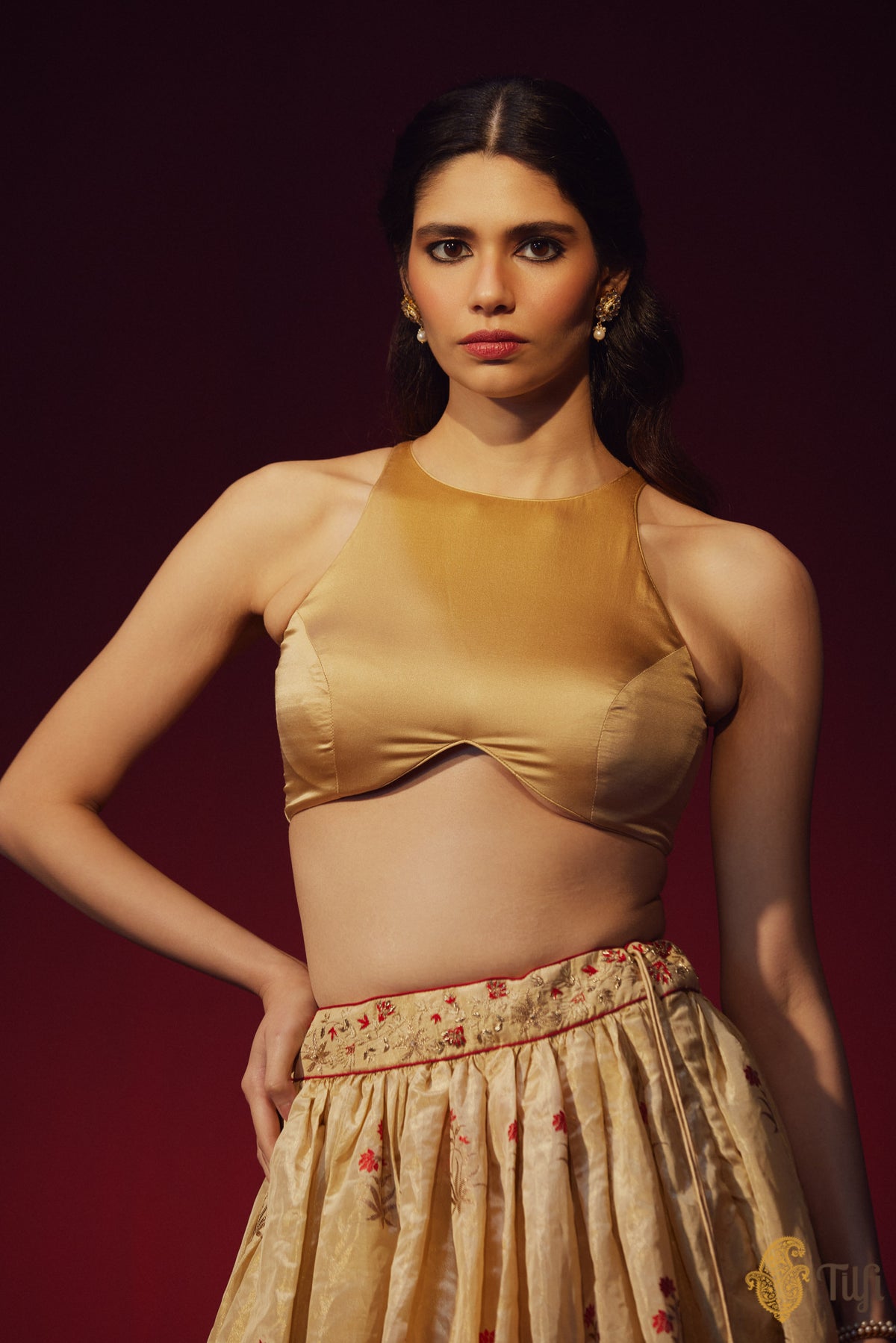 Gold Tissue Banarasi Handloom Lehenga Set with Hand-embroidered Organza Overlay
