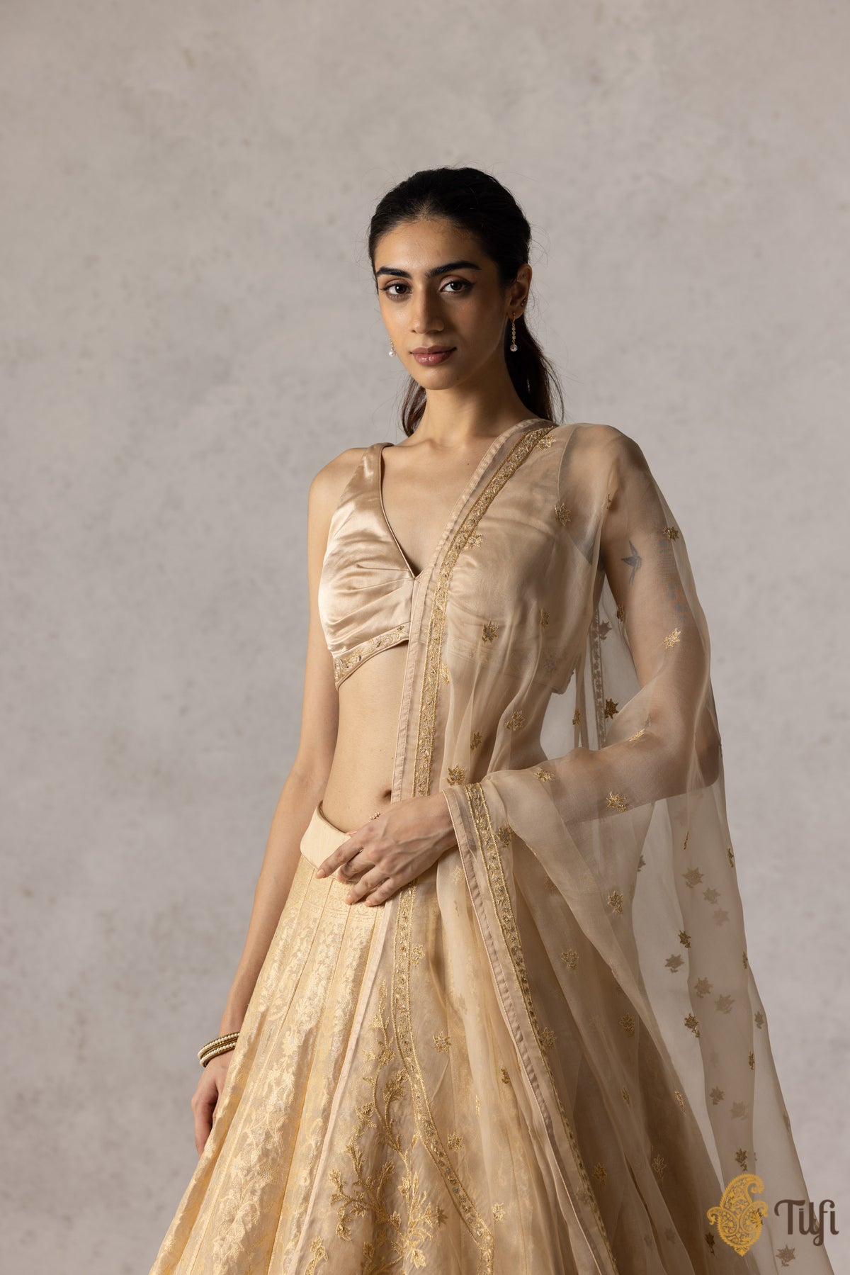 &#39;Indira&#39; Gold Pure Katan Silk Banarasi Handloom Lehenga Set