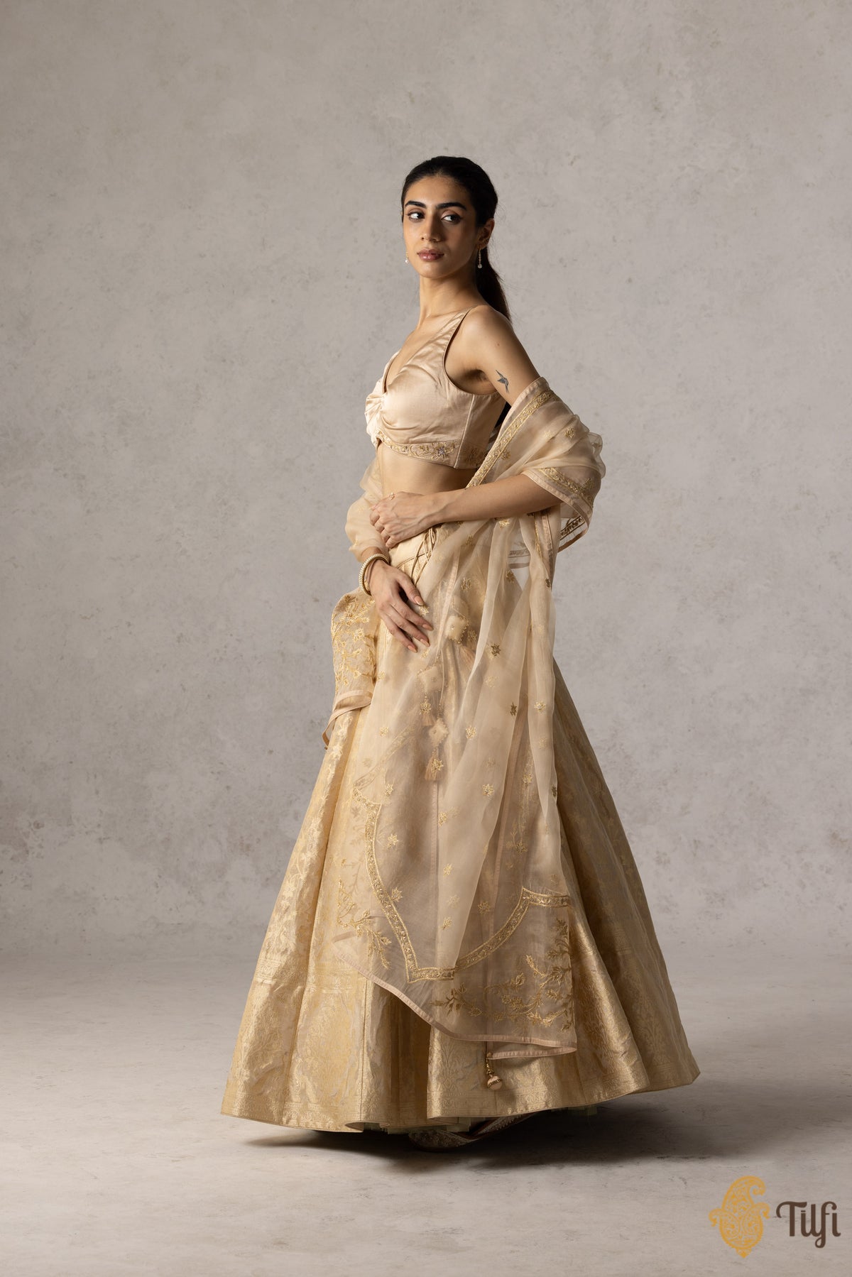 &#39;Indira&#39; Gold Pure Katan Silk Banarasi Handloom Lehenga Set