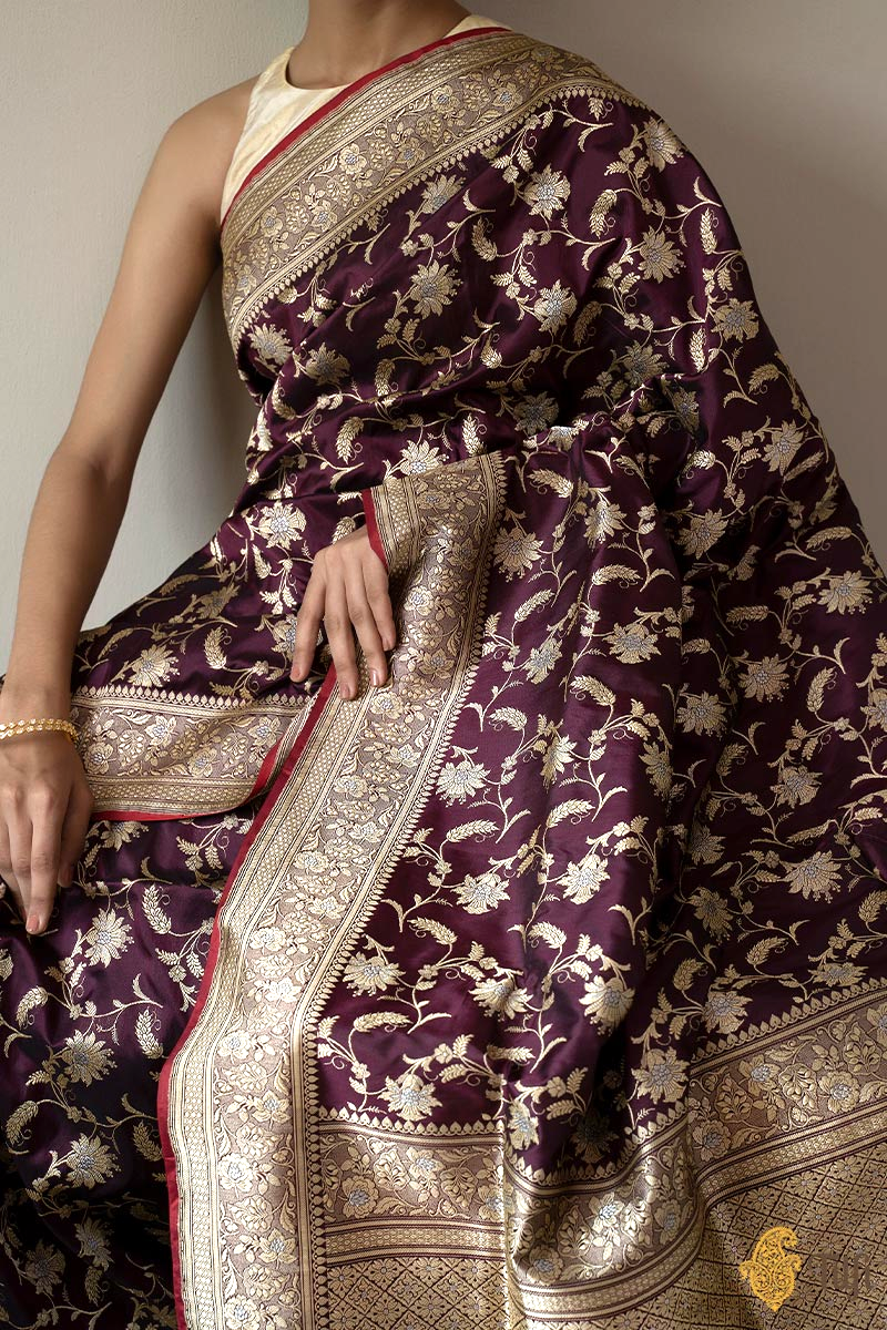 &#39;Ashwini&#39; Burgundy Pure Katan Silk Banarasi Handloom Saree