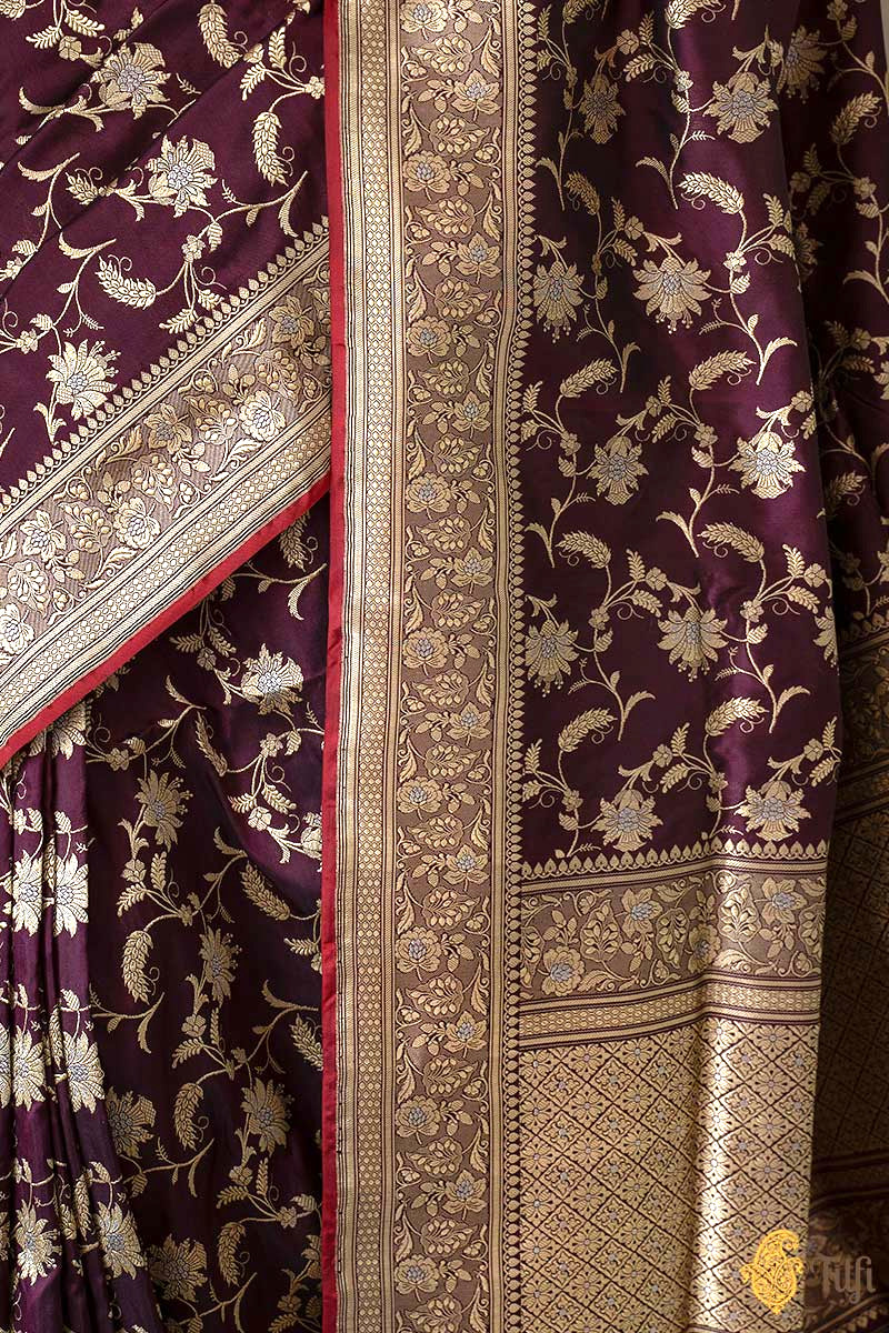 &#39;Ashwini&#39; Burgundy Pure Katan Silk Banarasi Handloom Saree