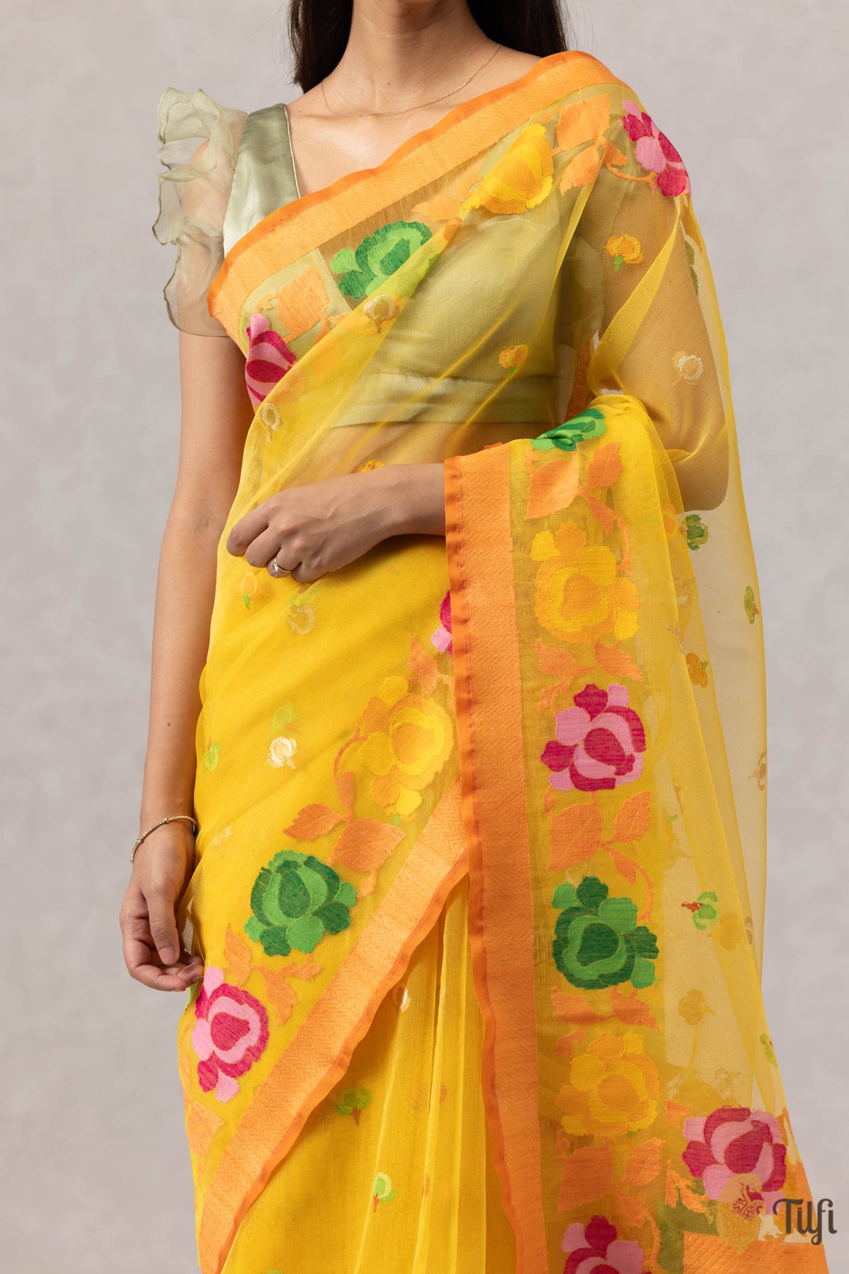 Yellow Pure Kora Silk Net Banarasi Handloom Saree
