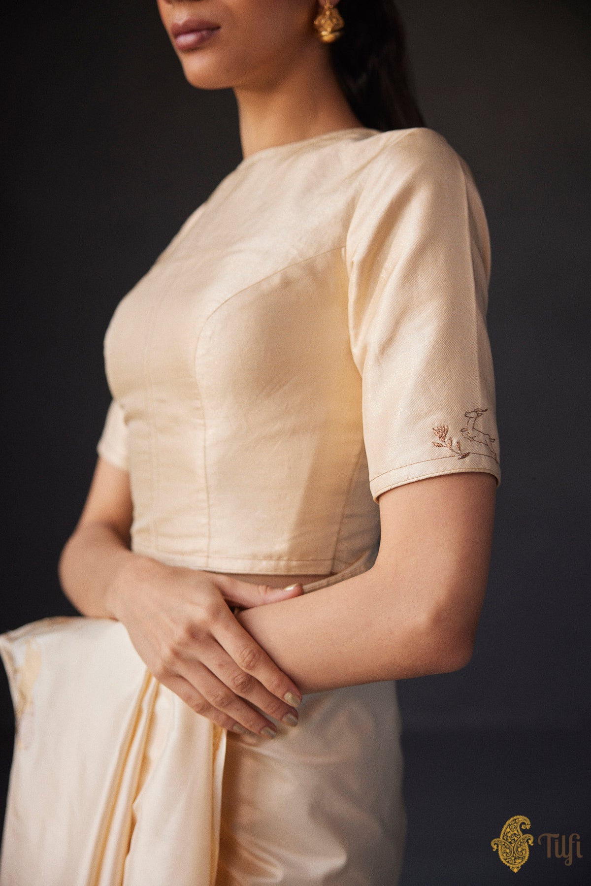 Light Gold Pure Silk Tissue Hand-embroidered Blouse
