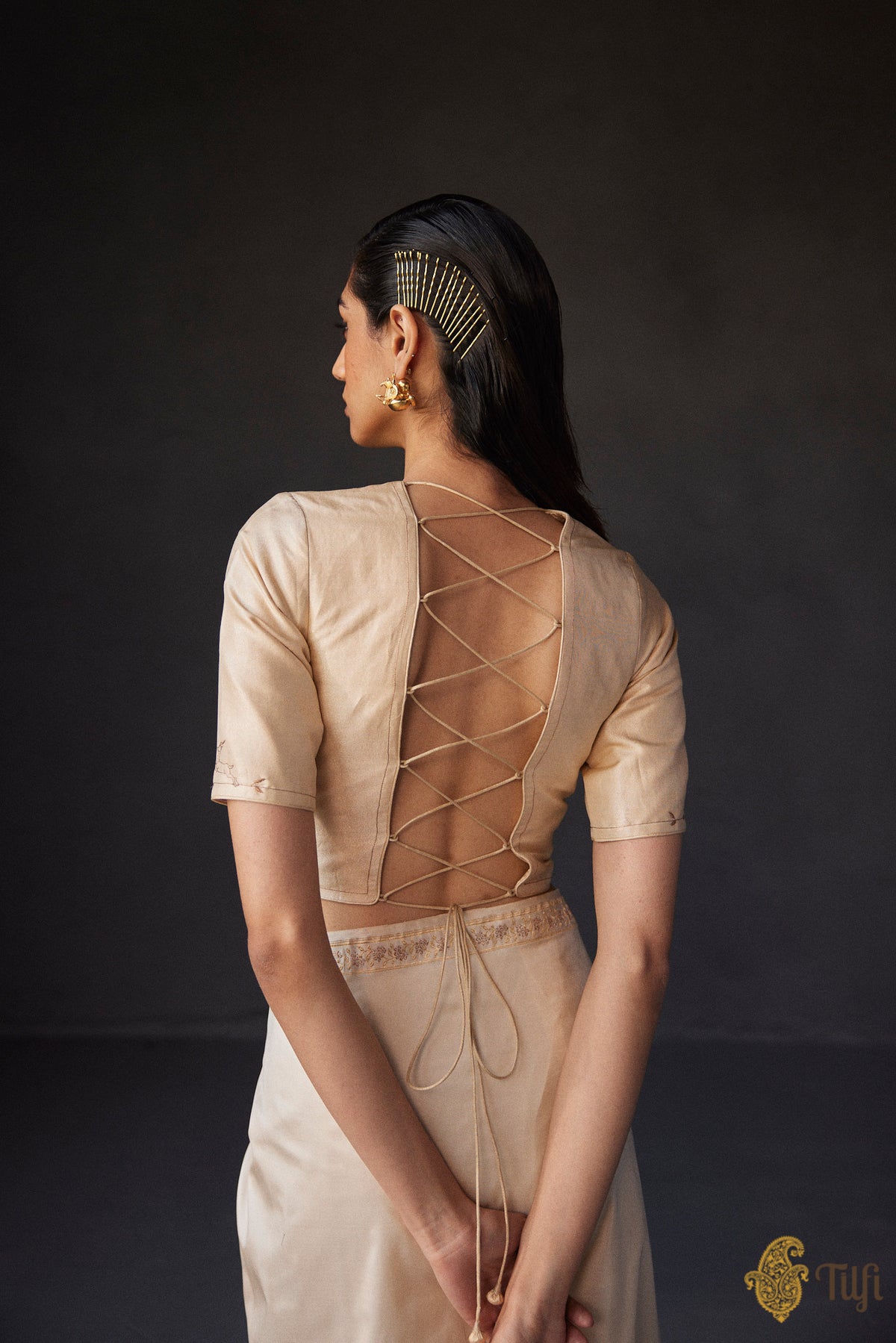 Light Gold Pure Silk Tissue Hand-embroidered Blouse