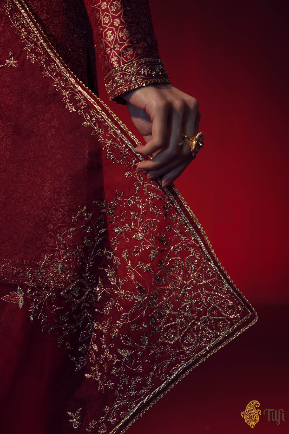Maroon Pure Katan Silk Kurta with Sharara Pants and Hand-embroidered Dupatta Set
