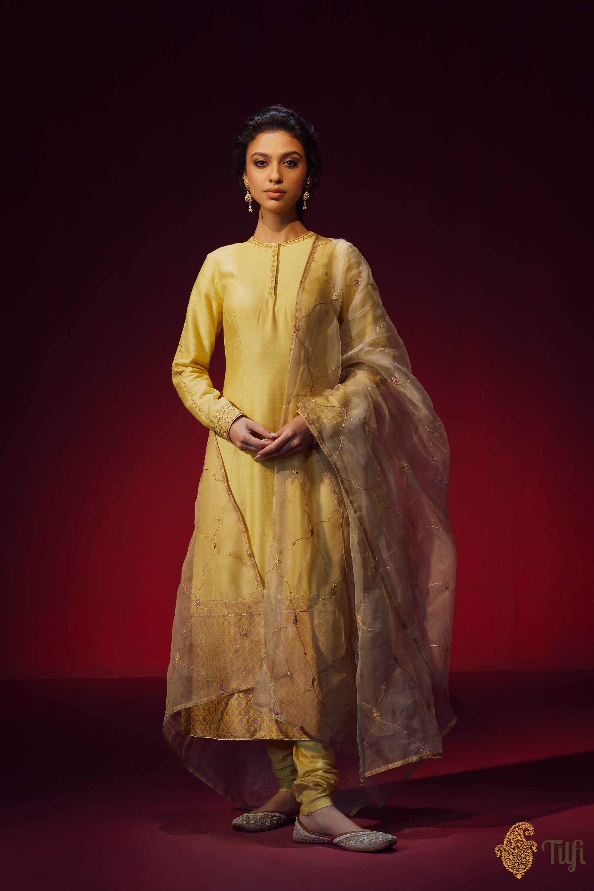 Hand-Embroidered Pale Gold-Yellow Kurta-Churidaar Set