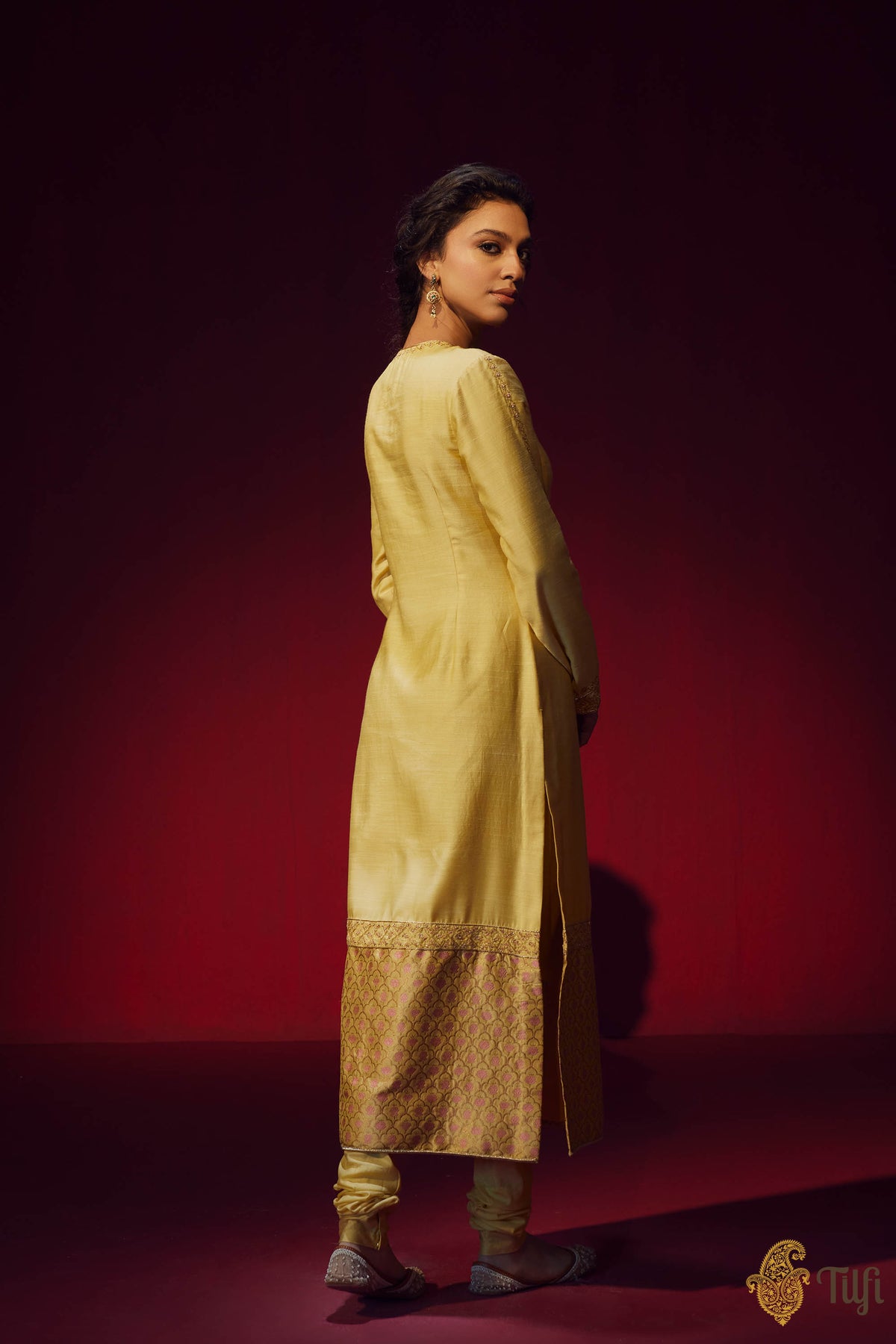 Yellow Raw Silk Brocade Kurta with Churidar Suit Set with Hand-embroidery