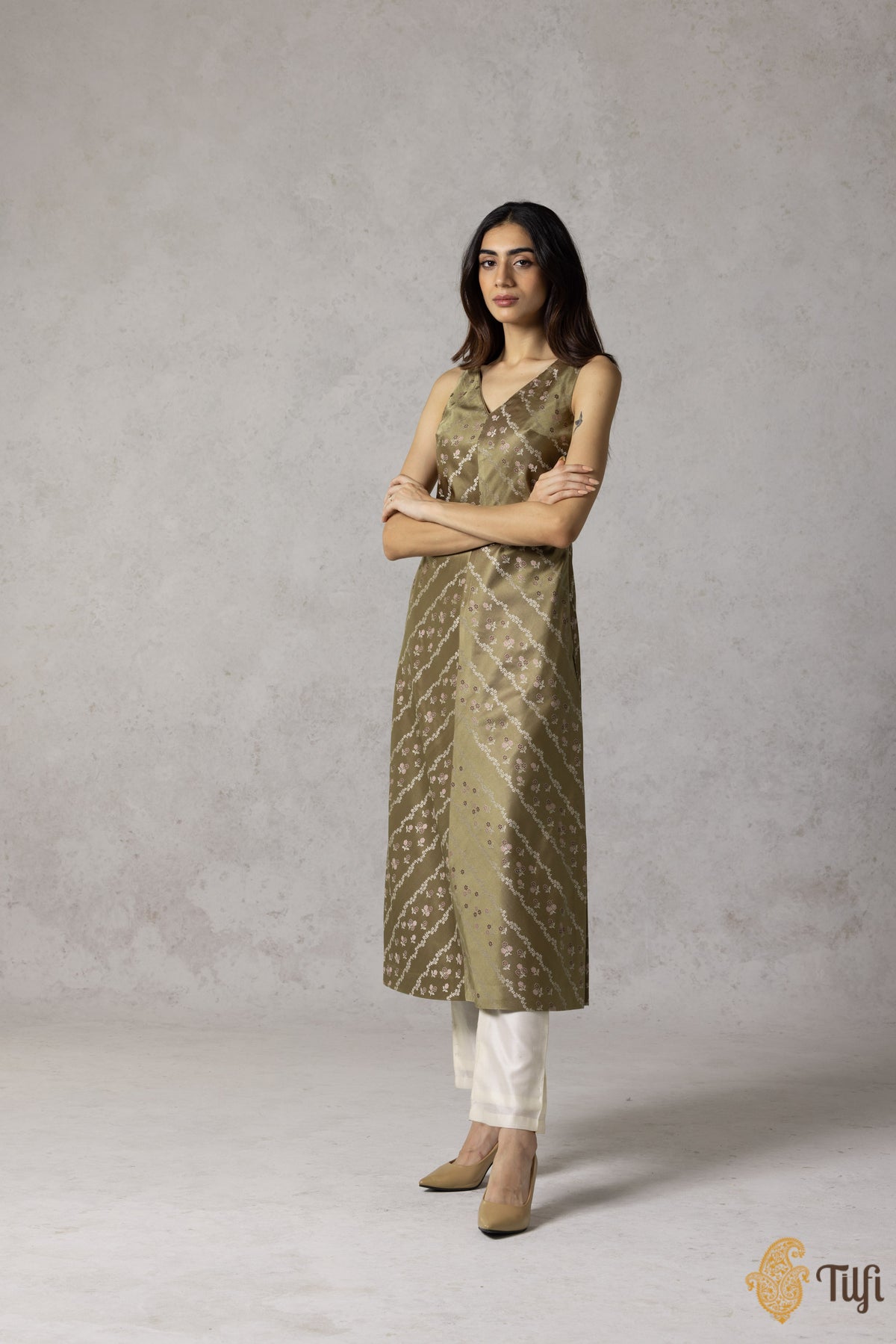 Moss Green Pure Satin Silk Banarasi Handloom Suit Set