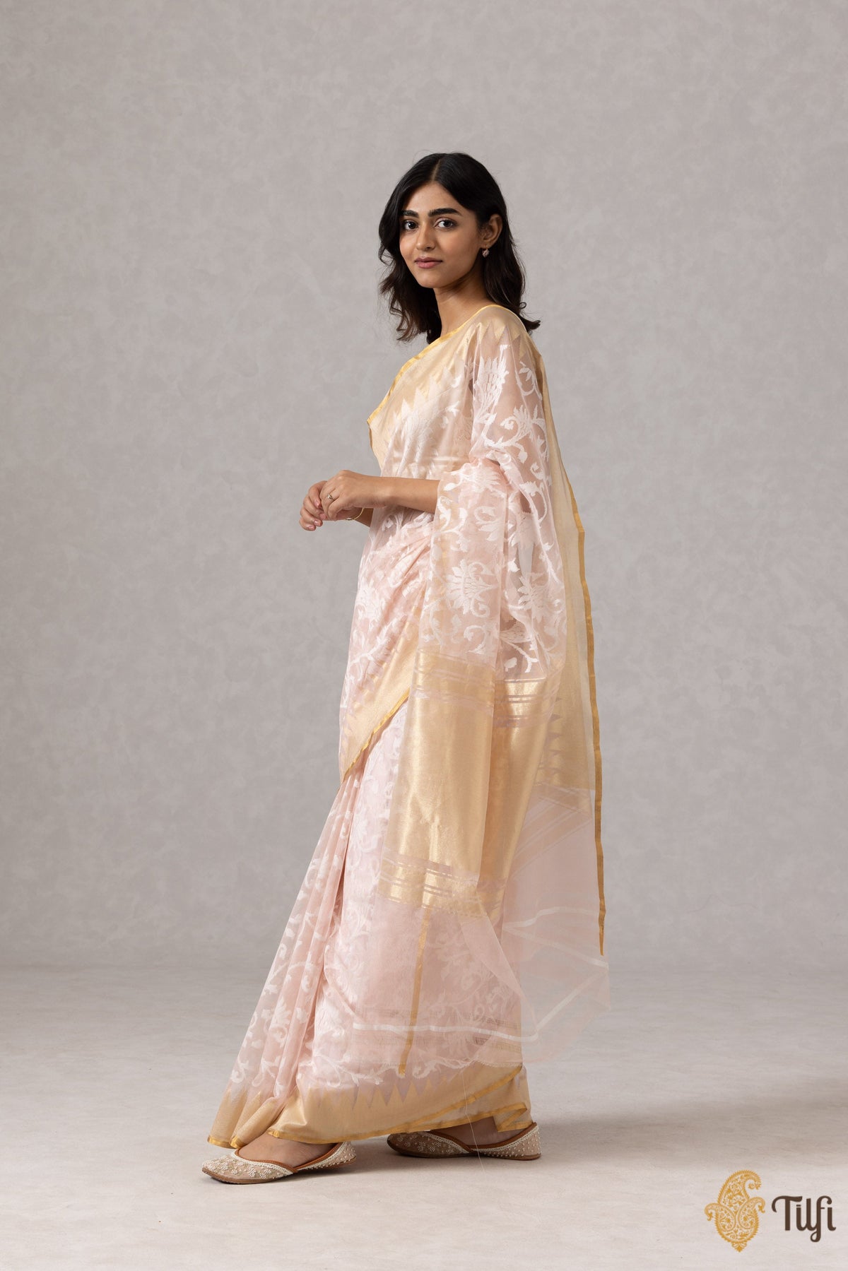 Light Old Rose Pink Pure Kora Silk Net Banarasi Handloom Saree