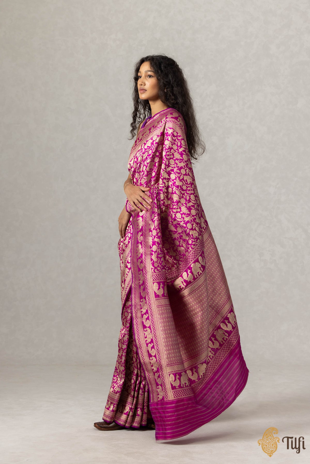 Purple-Rani Pink Pure Katan Silk Banarasi Shikargah Handloom Saree