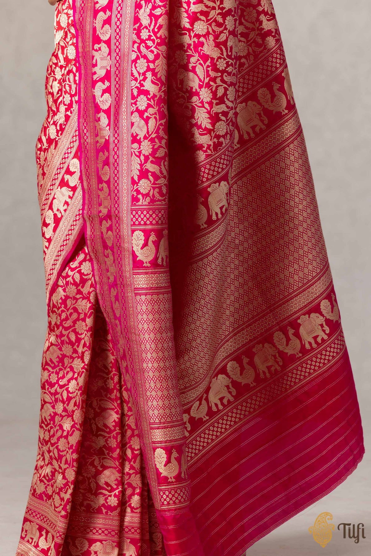 Rani Pink-Red Pure Katan Silk Banarasi Shikargah Handloom Saree