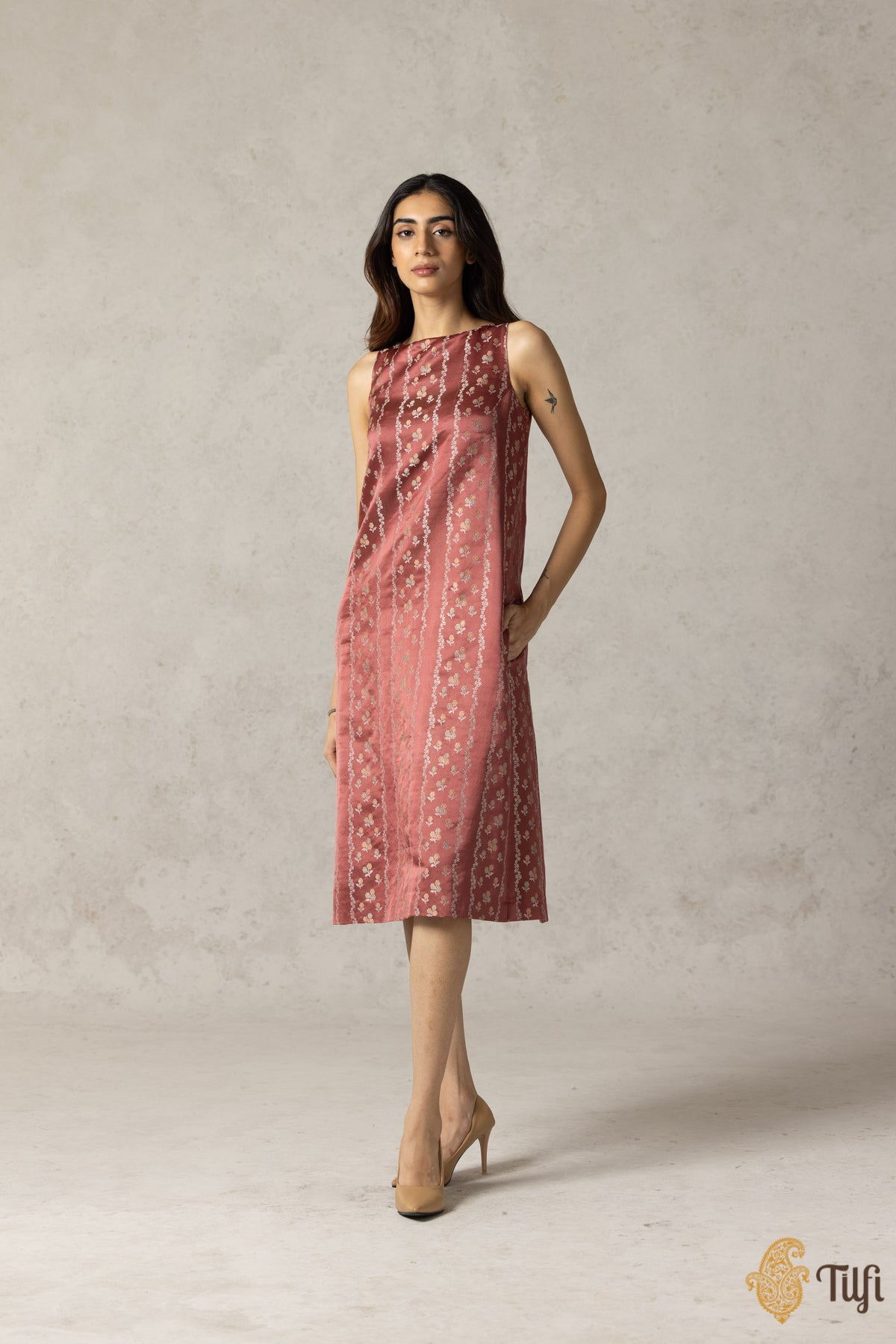 Old Rose Pink Pure Satin Silk Handwoven Dress