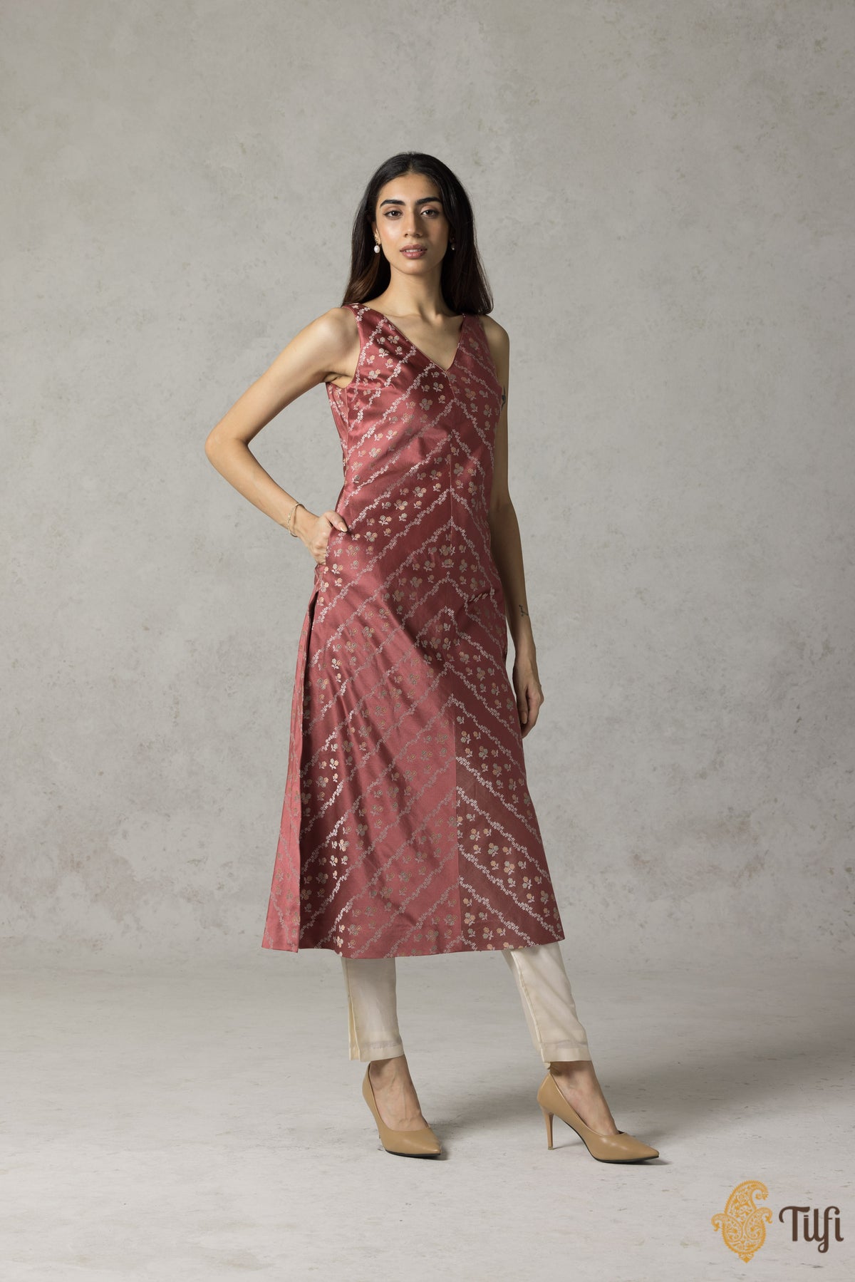 Old Rose Pink Pure Satin Silk Banarasi Handloom Suit Set