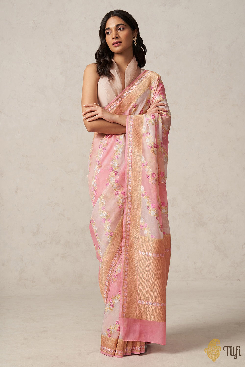 Pre-Order: Pink Off-white Pure Khaddi Georgette Banarasi Handloom Saree