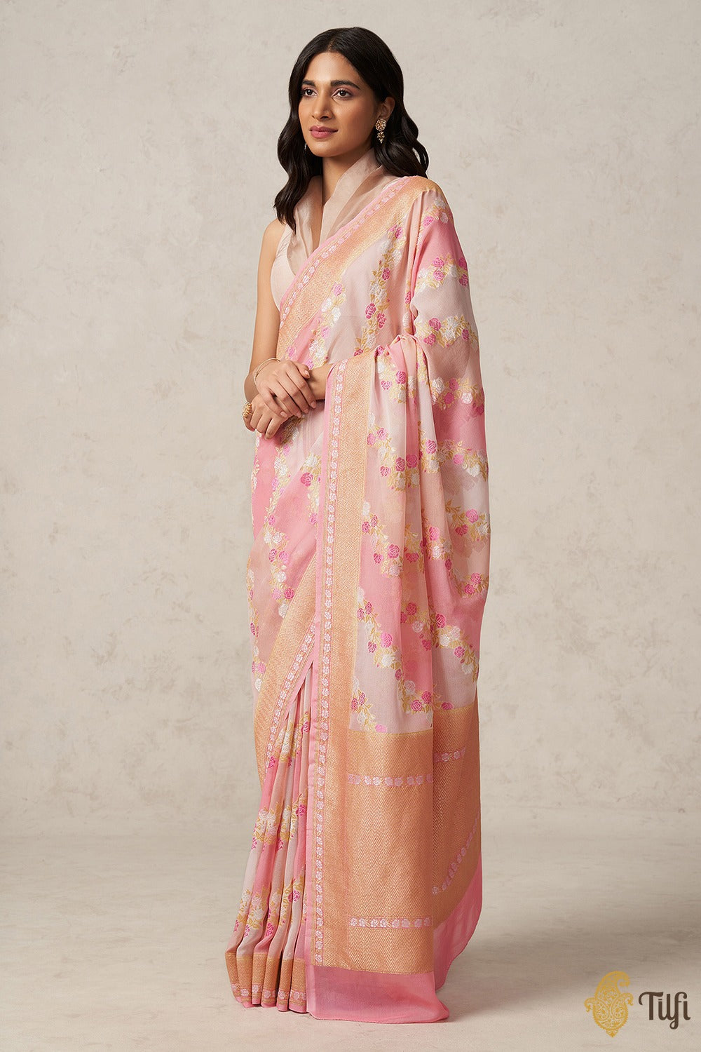 Pink Off-white Pure Khaddi Georgette Banarasi Handloom Saree