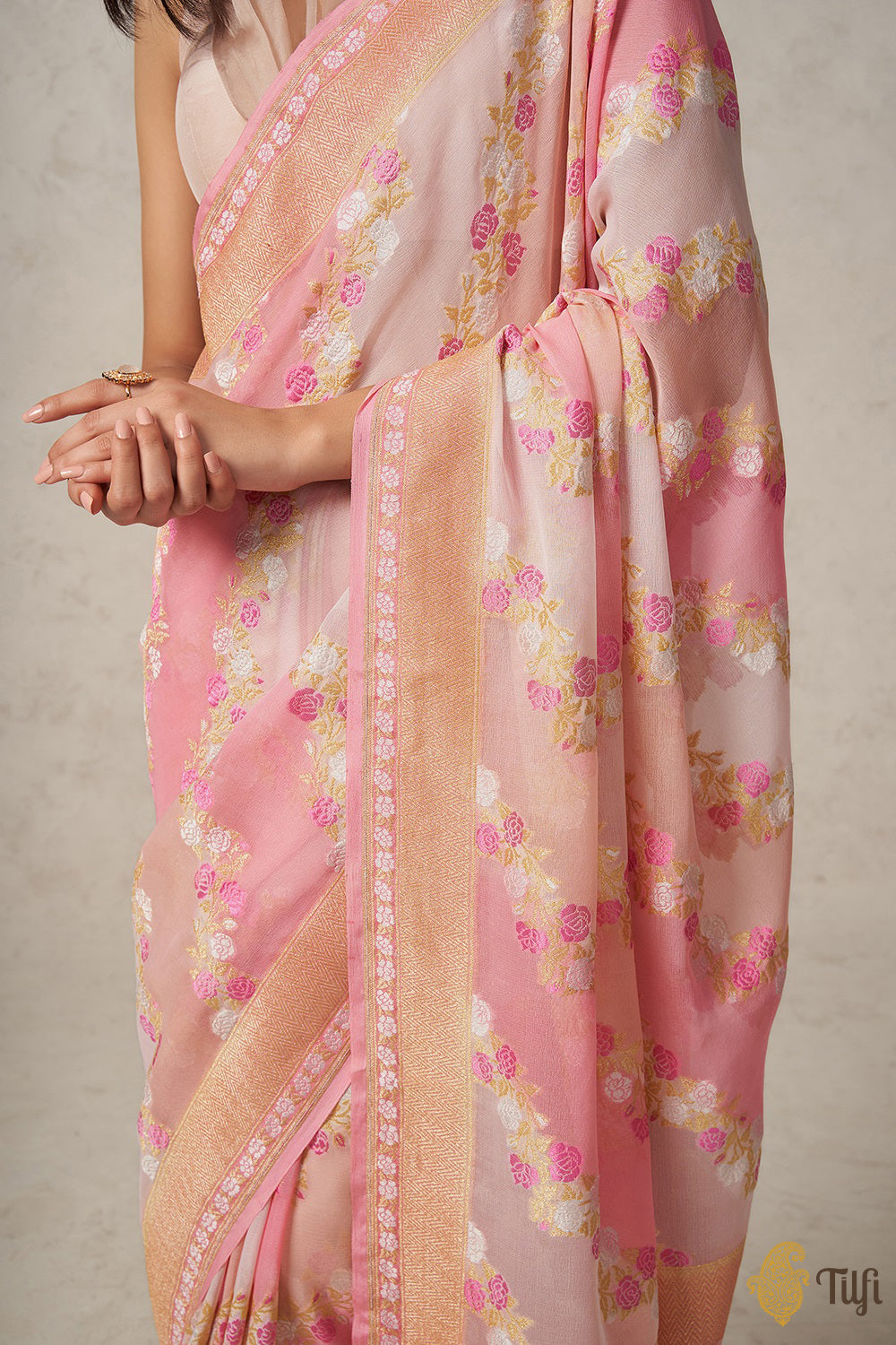 Pre-Order: Pink Off-white Pure Khaddi Georgette Banarasi Handloom Saree