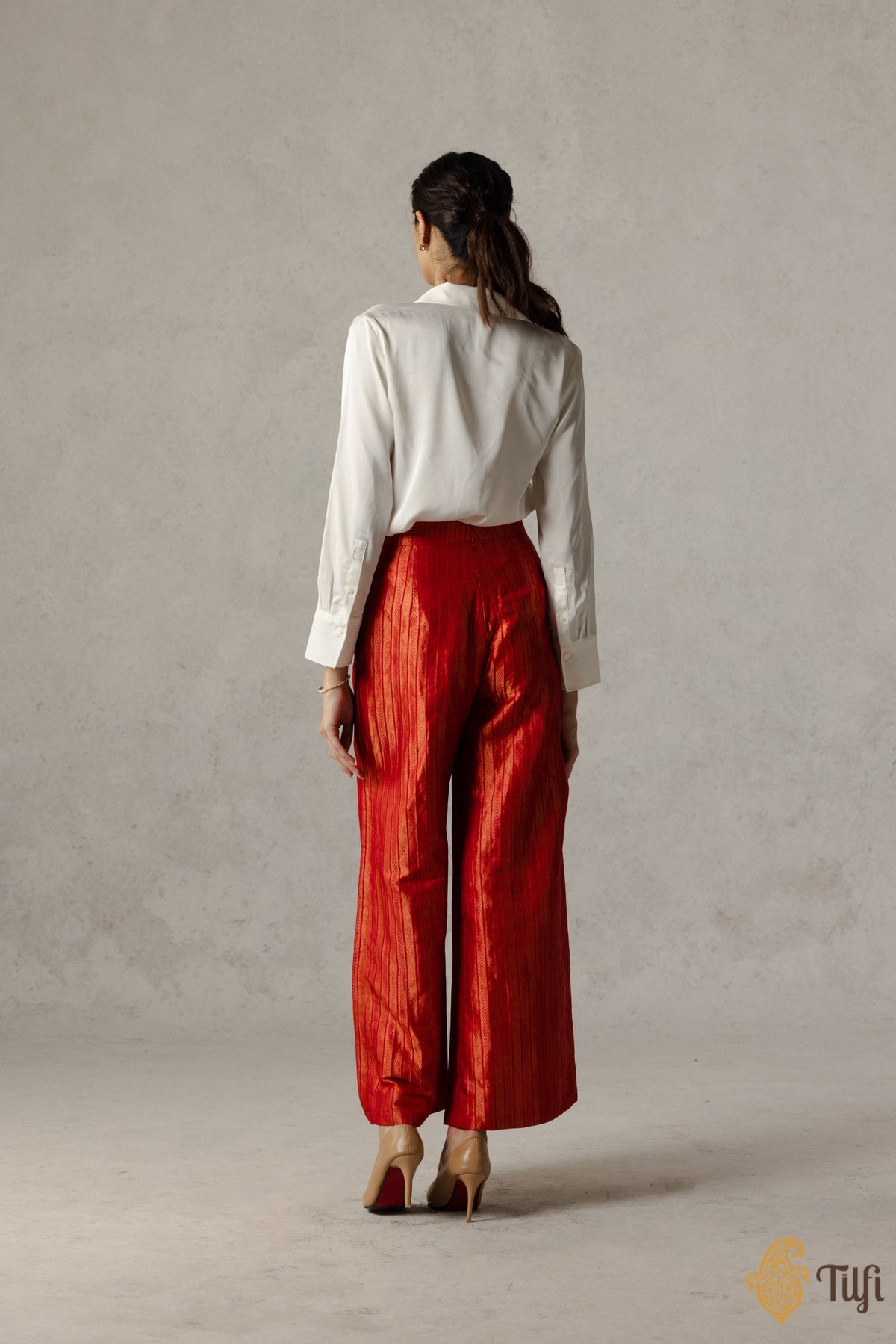 Red Pure Katan Silk Handwoven Striped Brocade Pants