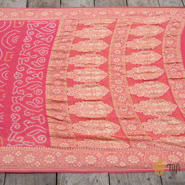 Soft Coral Peach Pure Georgette Banarasi Bandhani Handloom Saree - Tilfi