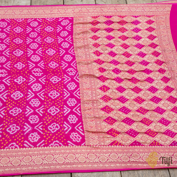 Fuchsia Pink Pure Georgette Banarasi Bandhani Handloom Saree - Tilfi