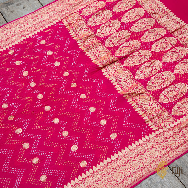 Hot Pink Pure Georgette Banarasi Bandhani Handloom Saree - Tilfi